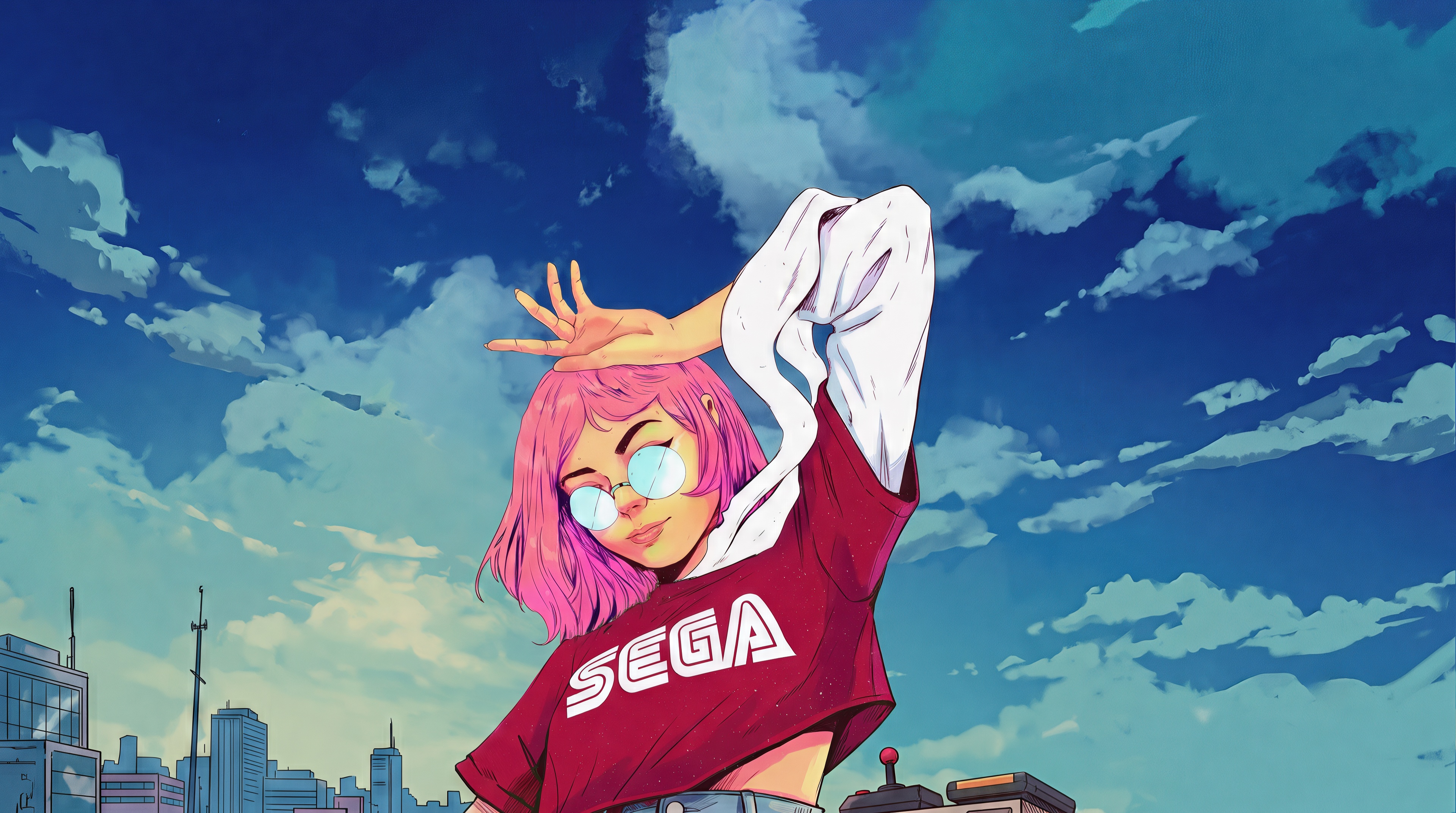 Free photo An anime girl in a Sega T-shirt with pink hair and round glasses conveys the vibrant atmosphere of the nineties.