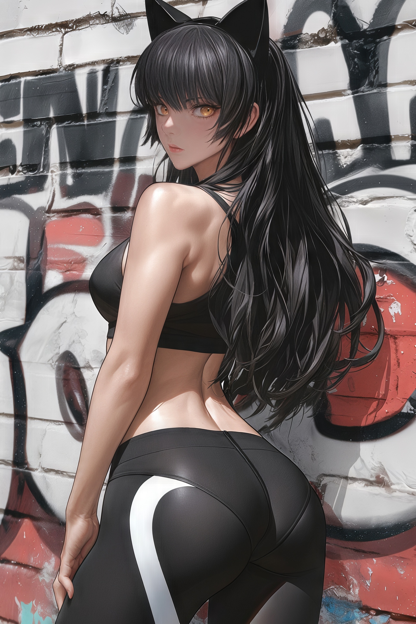 Девушка с кошачьими ушками в черном коротком топе и черных шортах с белой полосой позирует перед ярким уличным граффити.