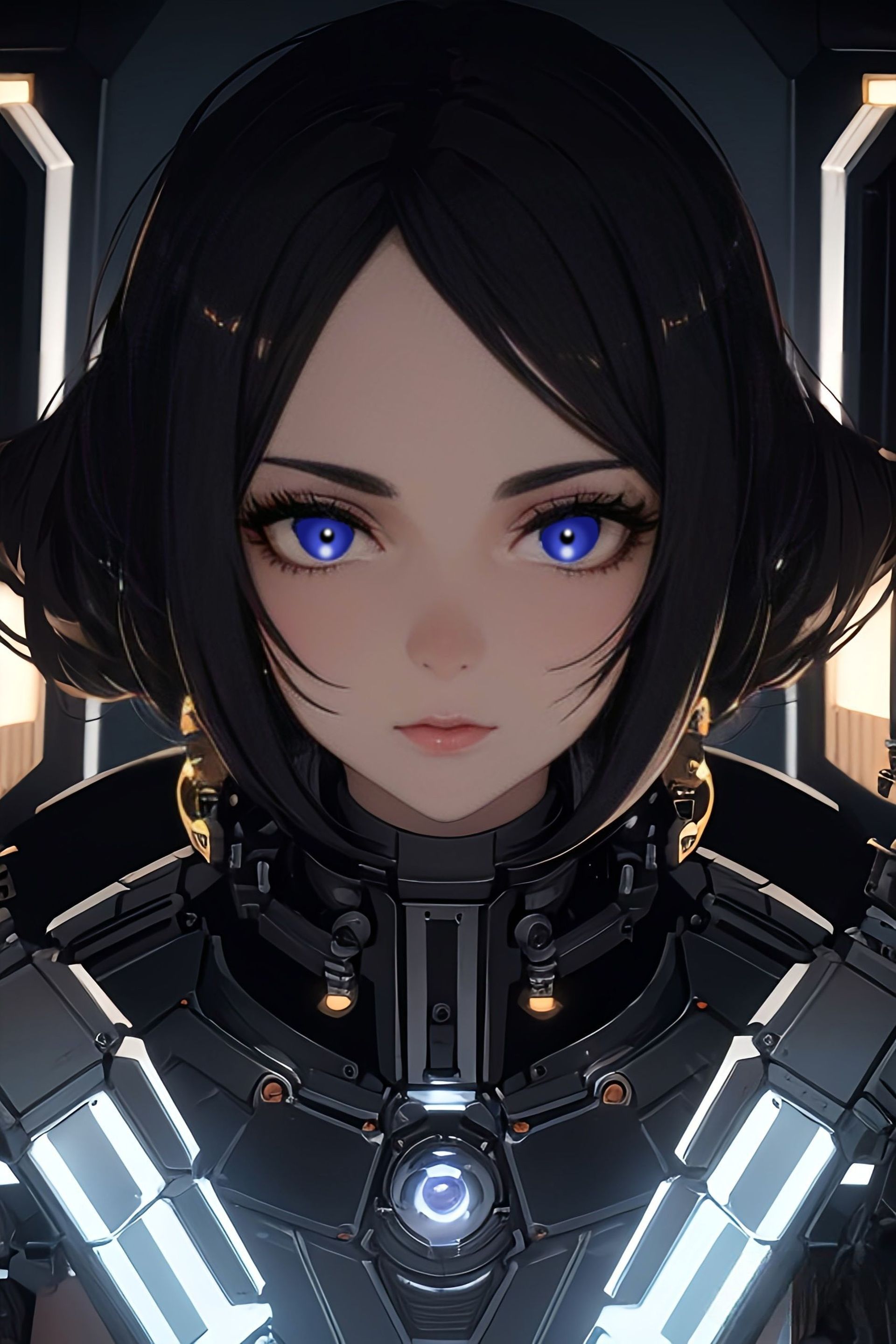 A girl, a robot, with blue eyes and short hair.