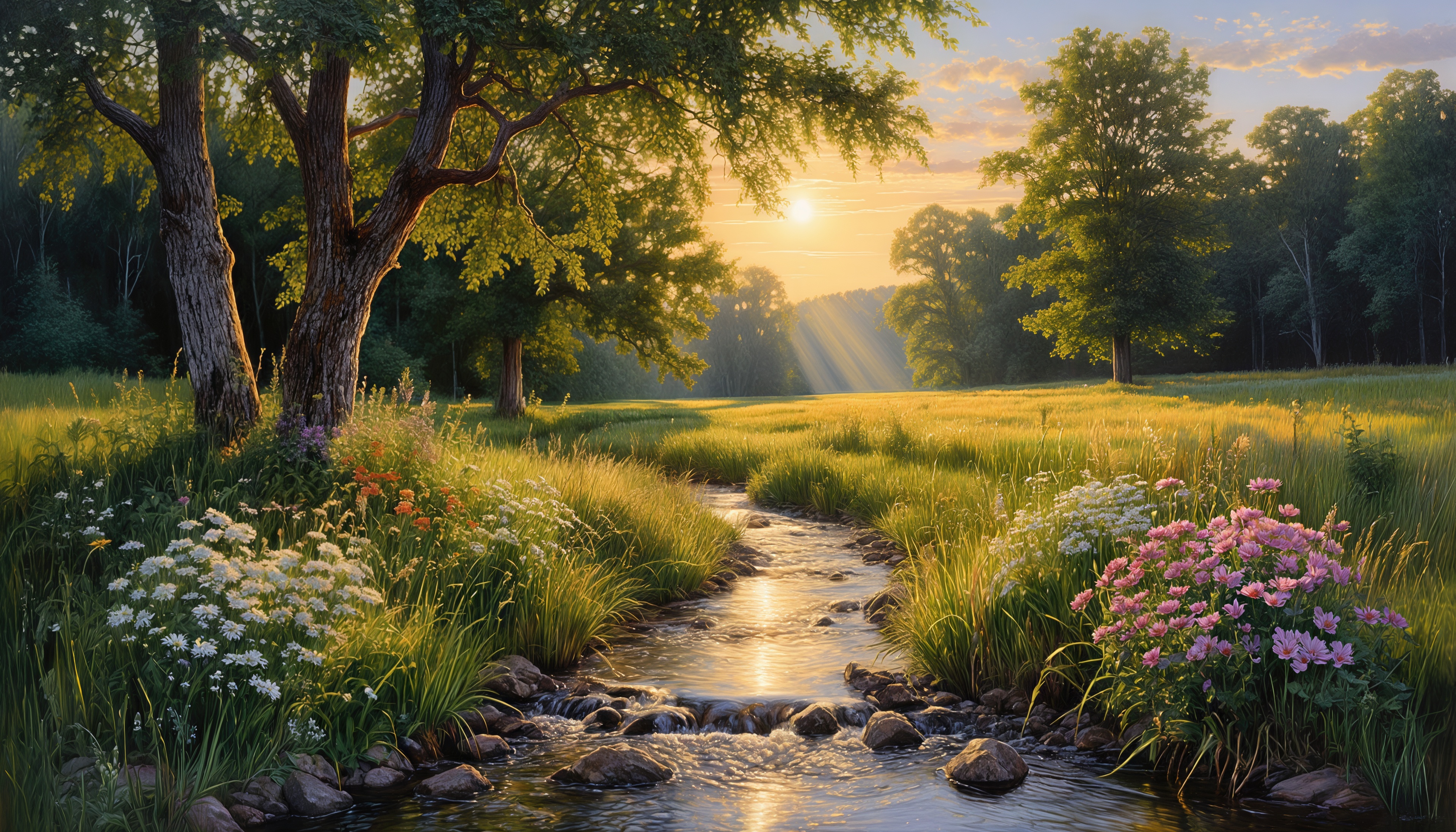 Free photo A stream winds through a summer meadow in the rays of the dawn sun.