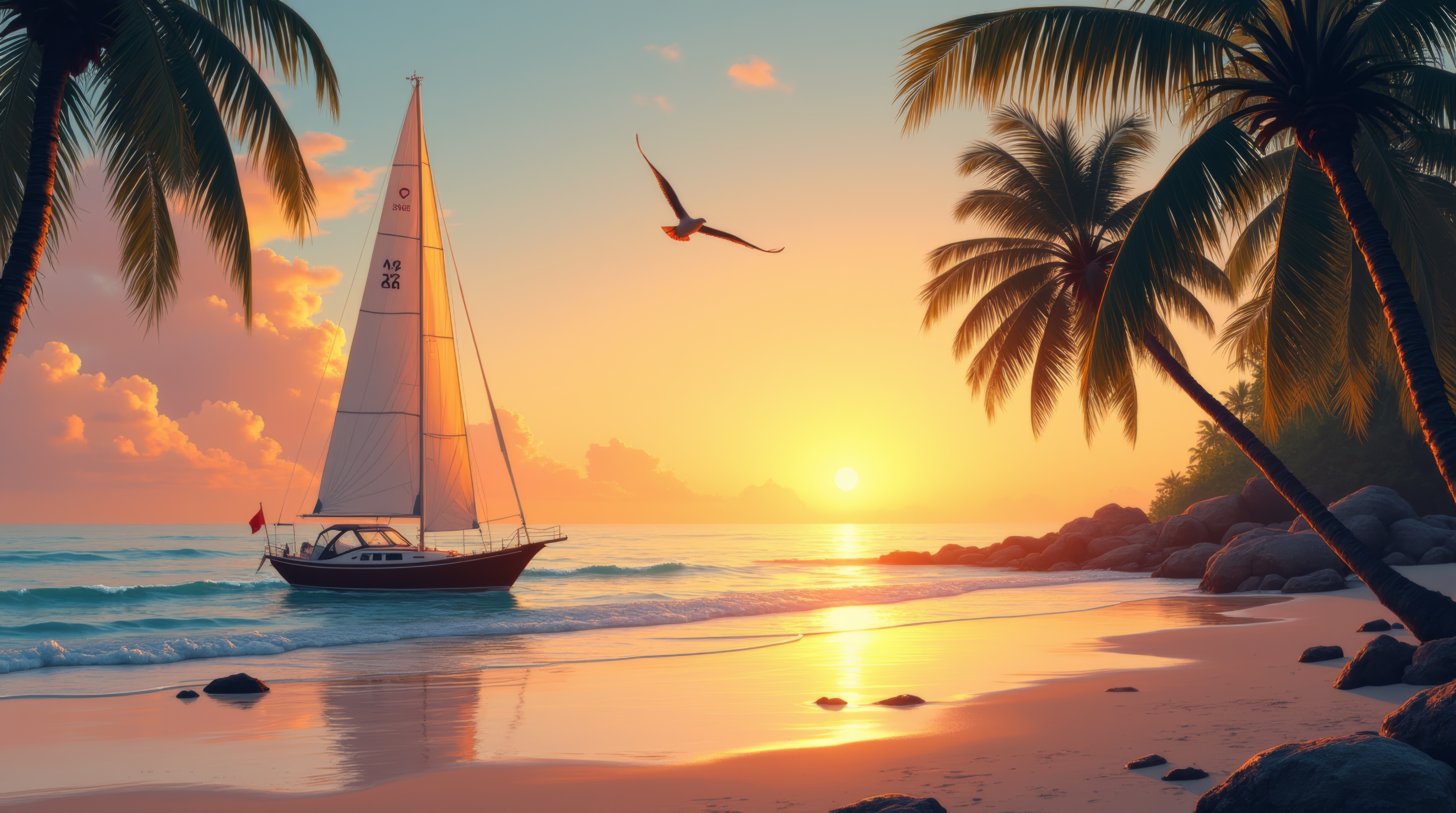 Бесплатное фото Парусная лодка на воде и пальмы