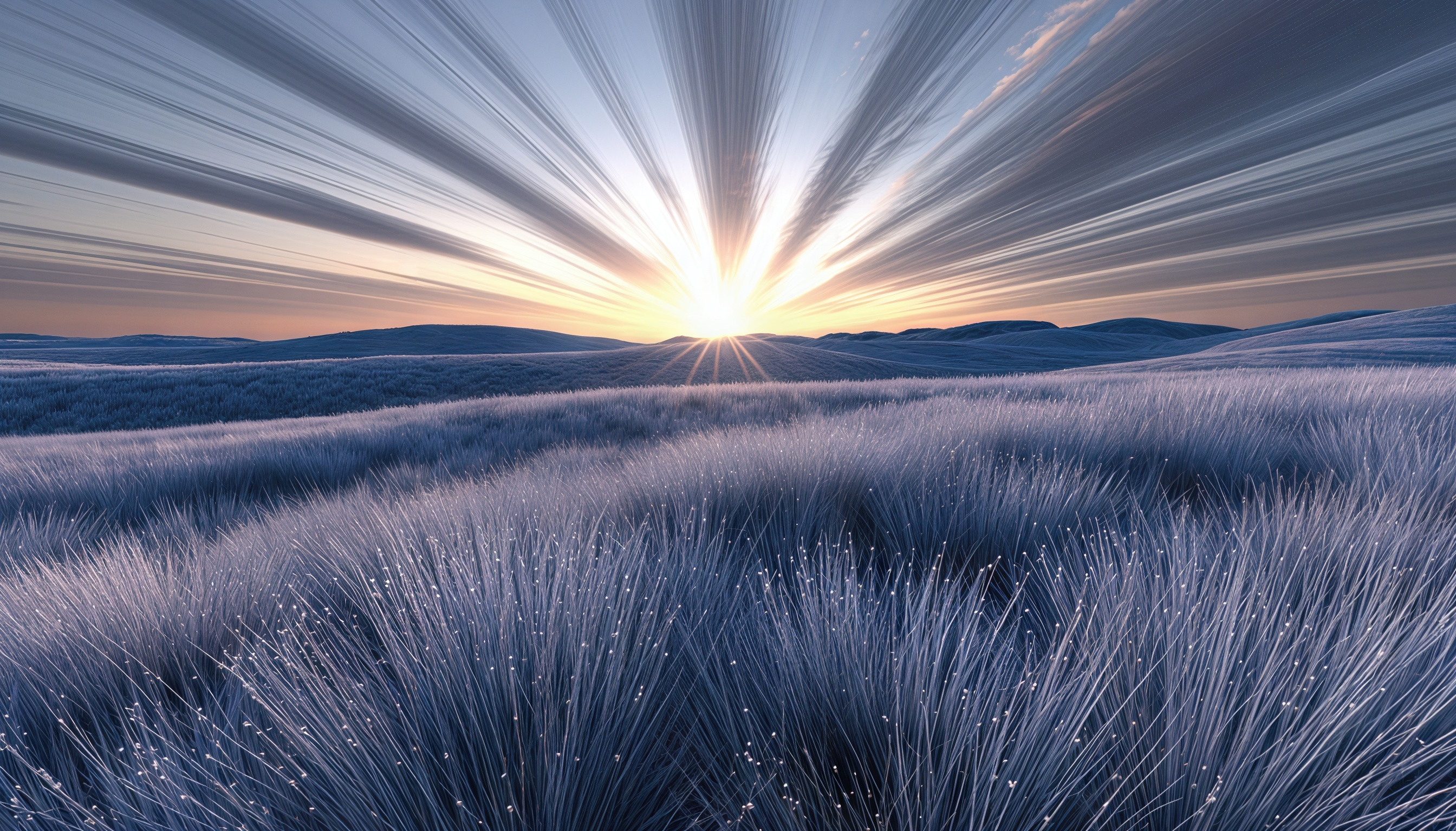 Free photo A silver field against a sunset with bright rays of the sun and traces of stars.