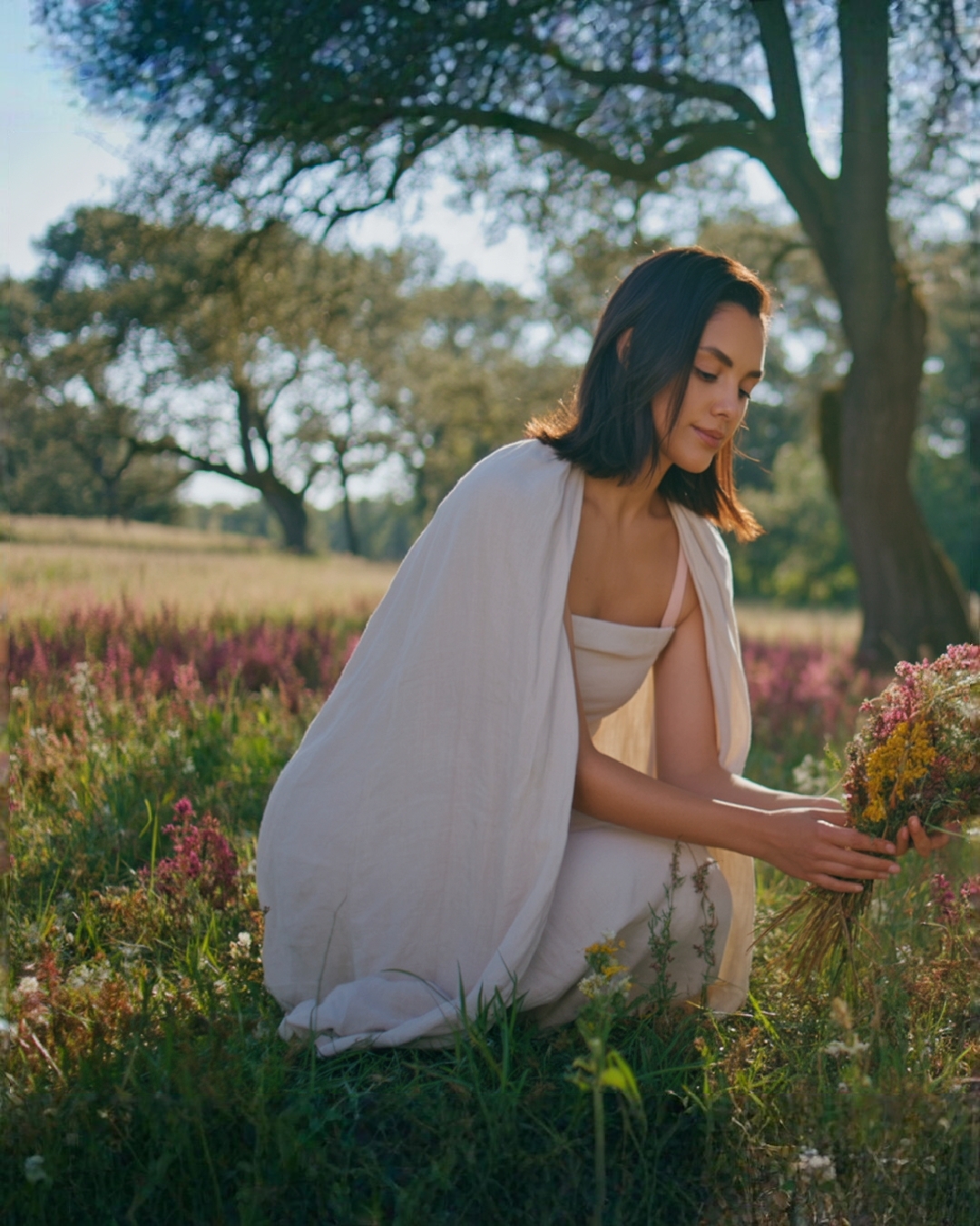 Бесплатное фото Женщина в белом платье в поле
