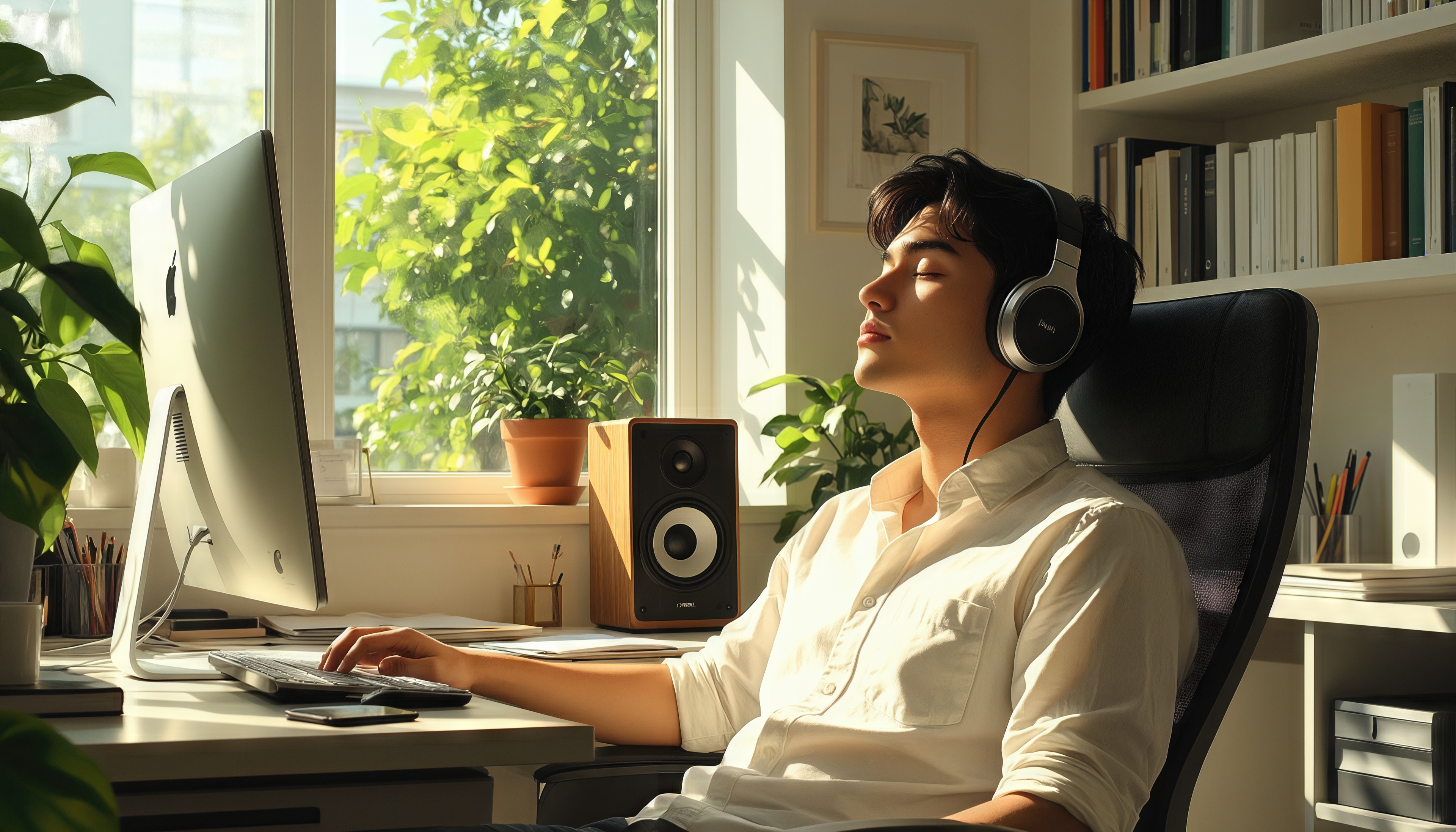 An aesthetic workplace, a guy listens to music with his eyes closed, surrounded by indoor plants.
