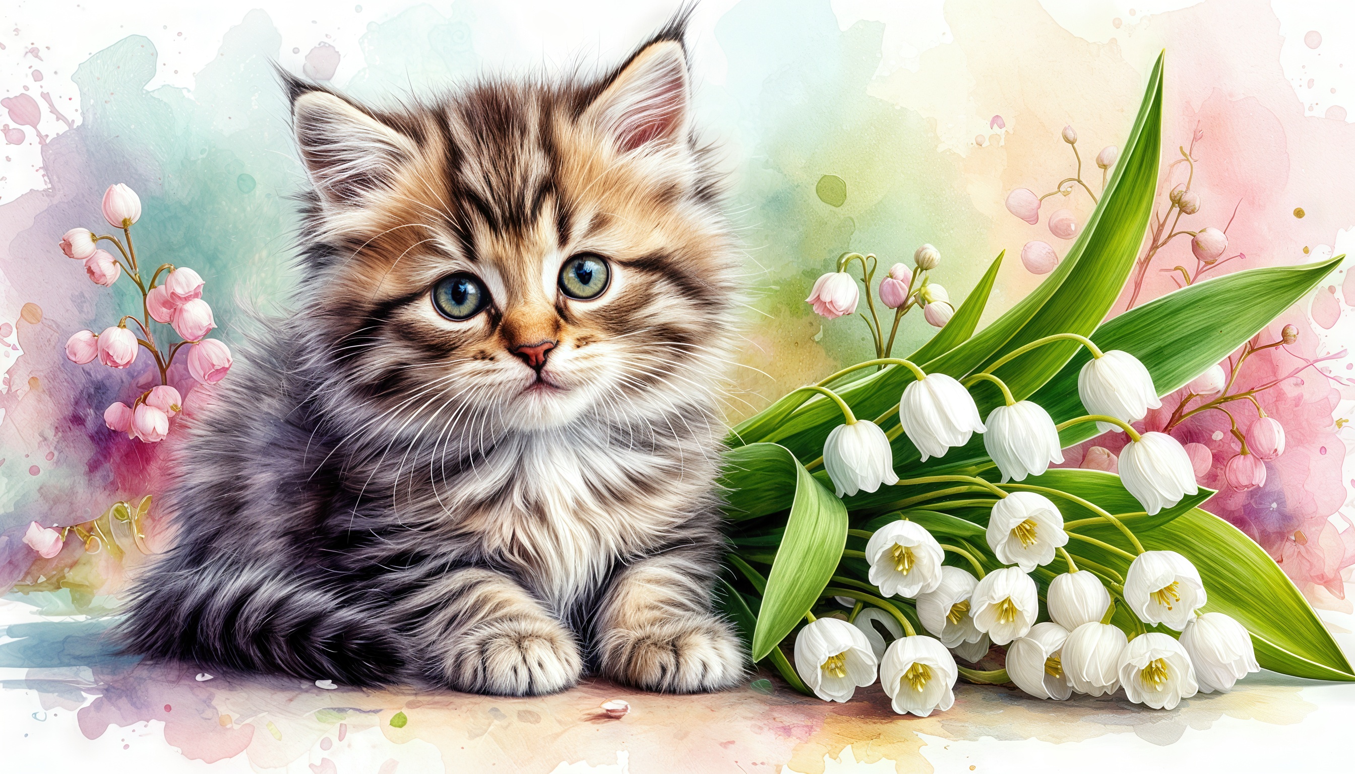 Бесплатное фото Котёнок с полосатым окрасом сидит у букета белых ландышей.