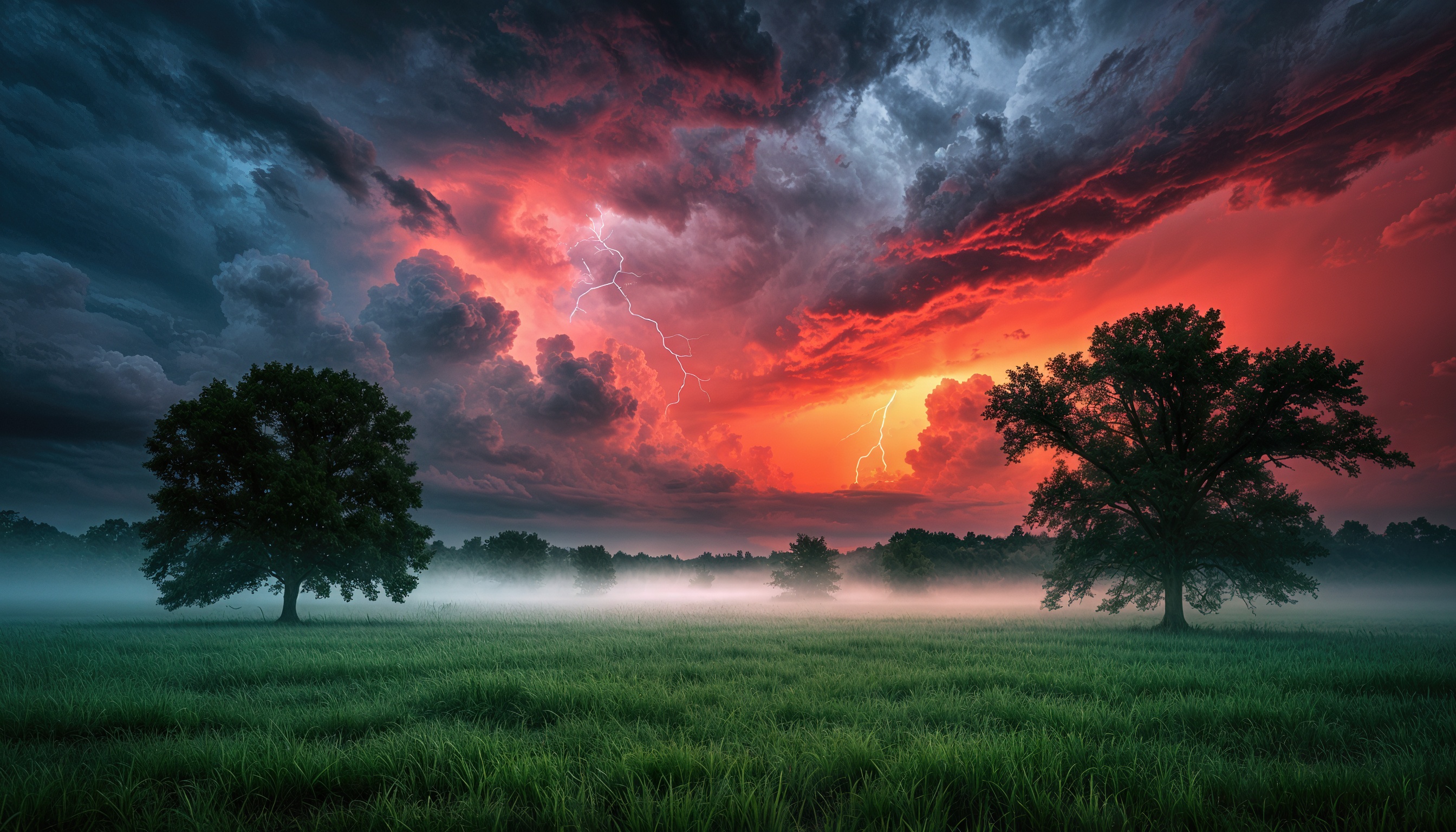 Бесплатное фото Деревья на фоне густого зеленого поля, окутанного туманом под грозовым небом с молниями.