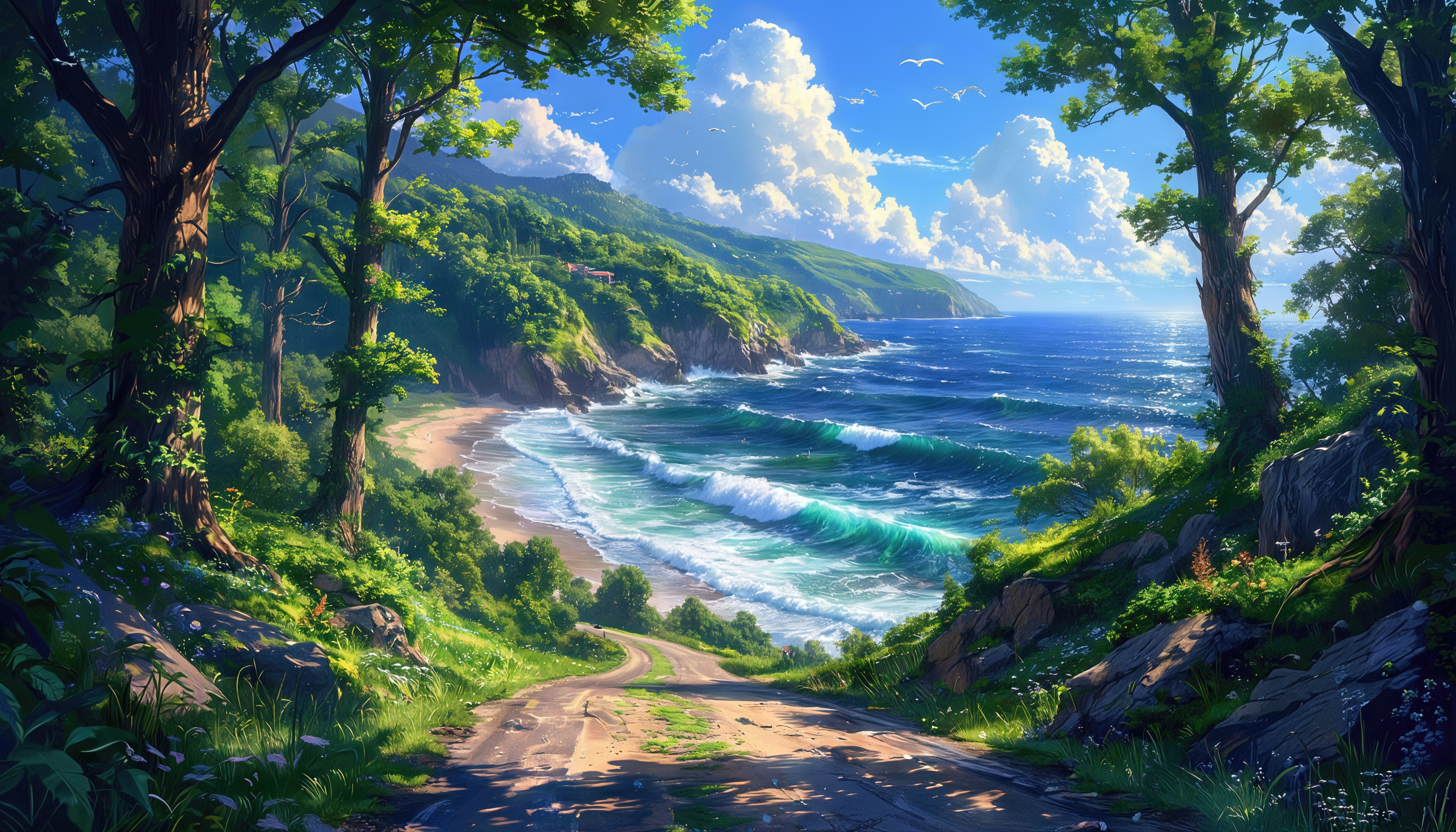 Живописный пейзаж с дорогой, ведущей к морю, окруженной горами и зеленью.