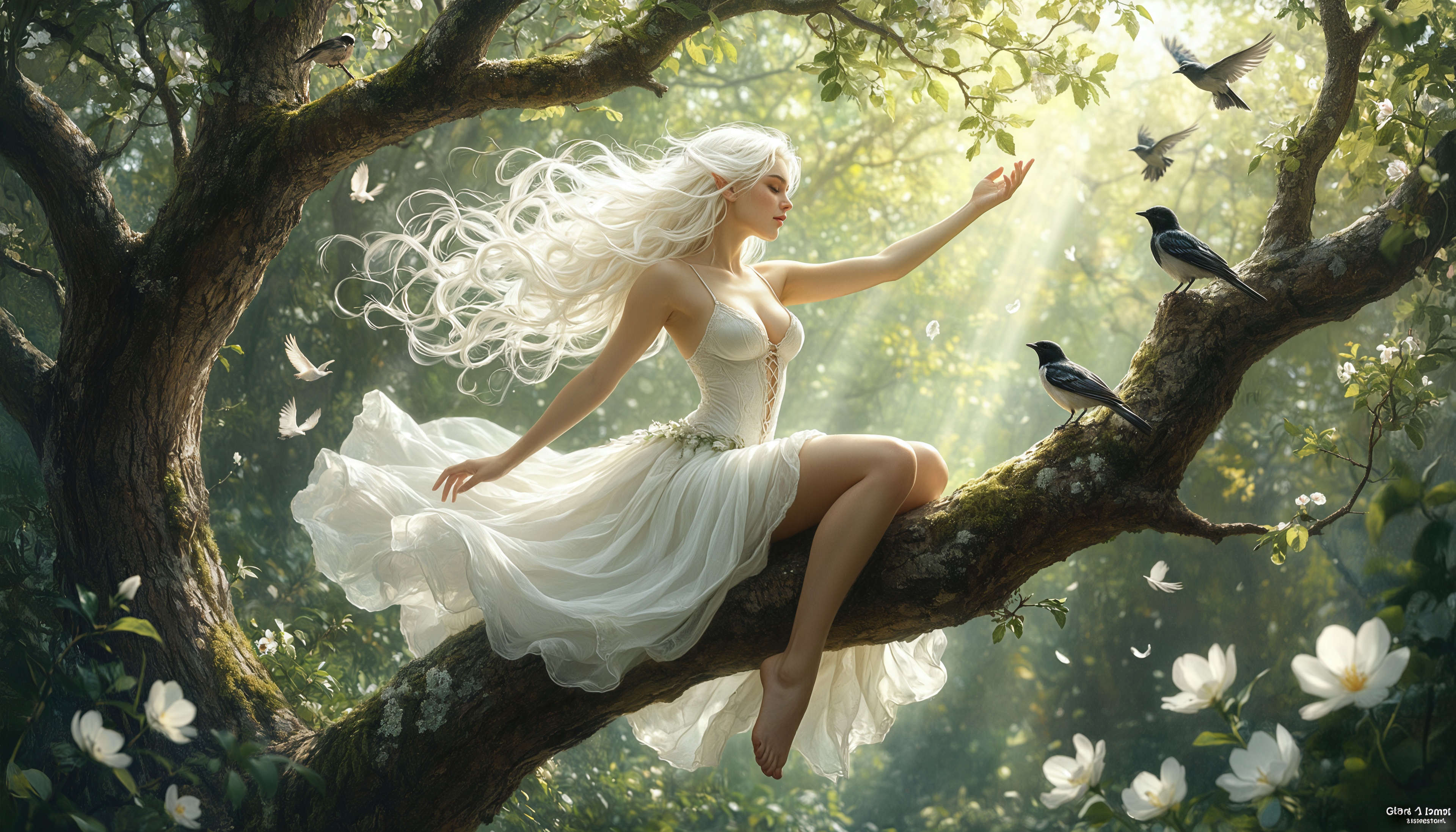 免费照片一个穿着白色连衣裙的仙女坐在花鸟之间的树枝上。