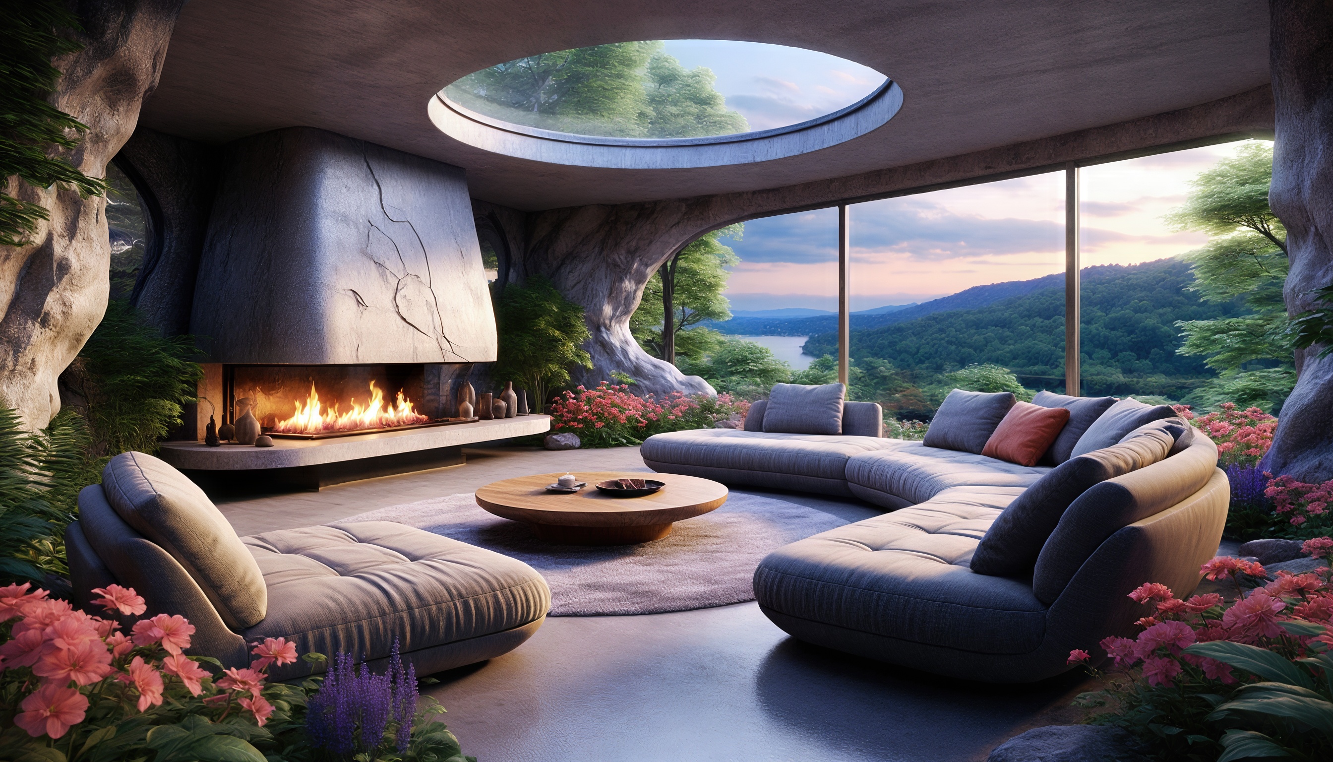 Бесплатное фото Современная гостиная в стиле органической архитектуры, с каменным камином и вид на живописный пейзаж.