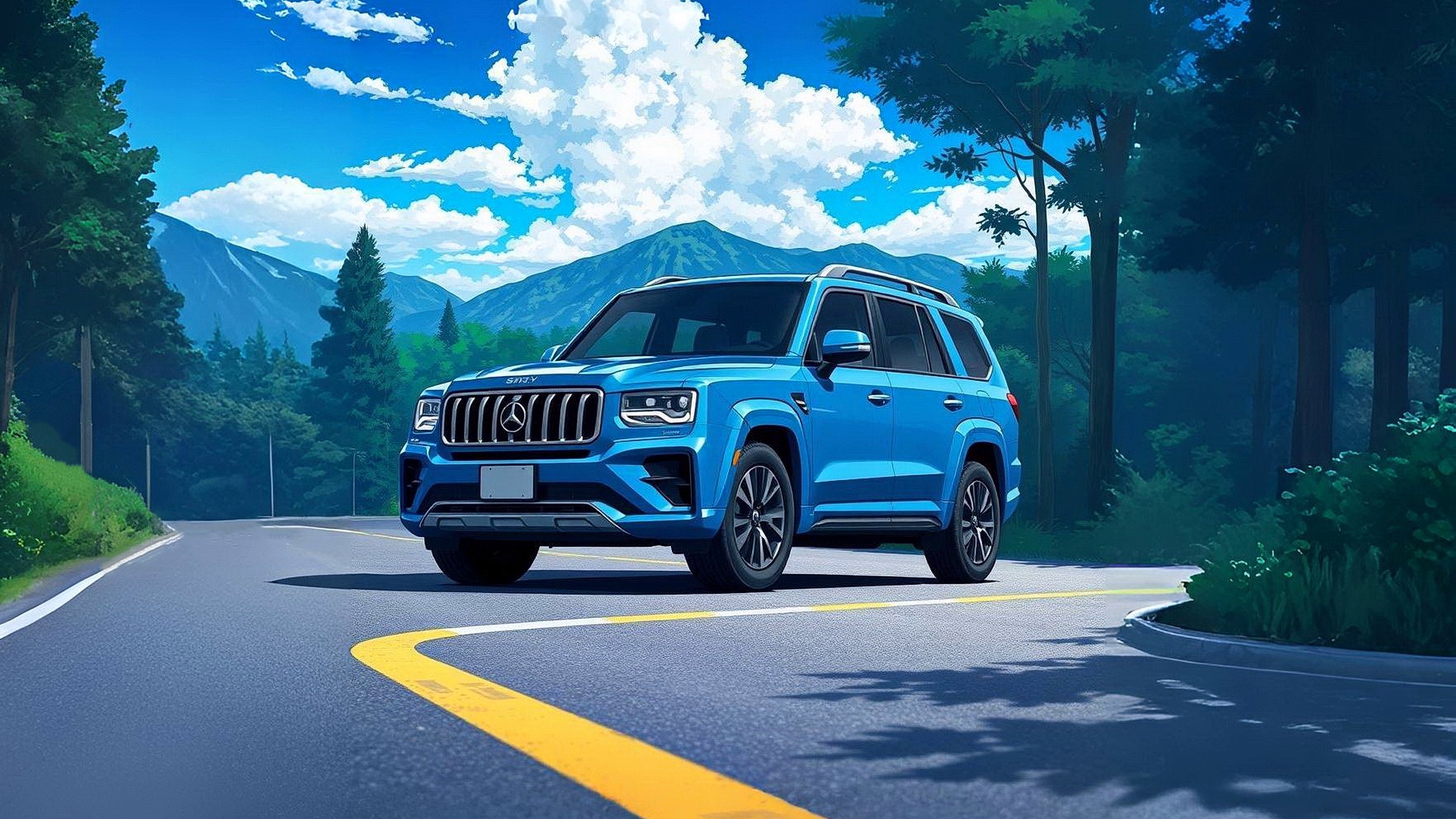 Бесплатное фото Синий автомобиль внедорожник стоит на дороге