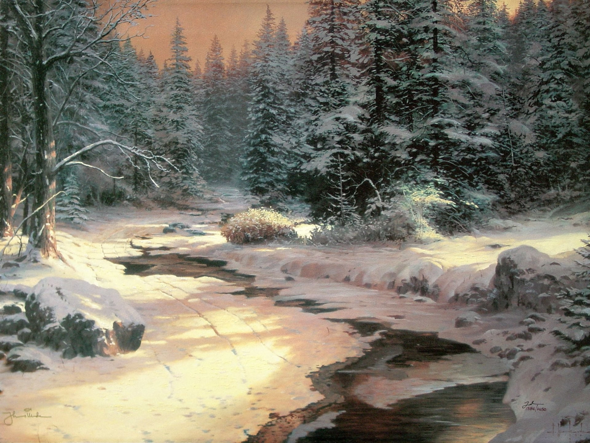 Snowy banks by the river in the woods