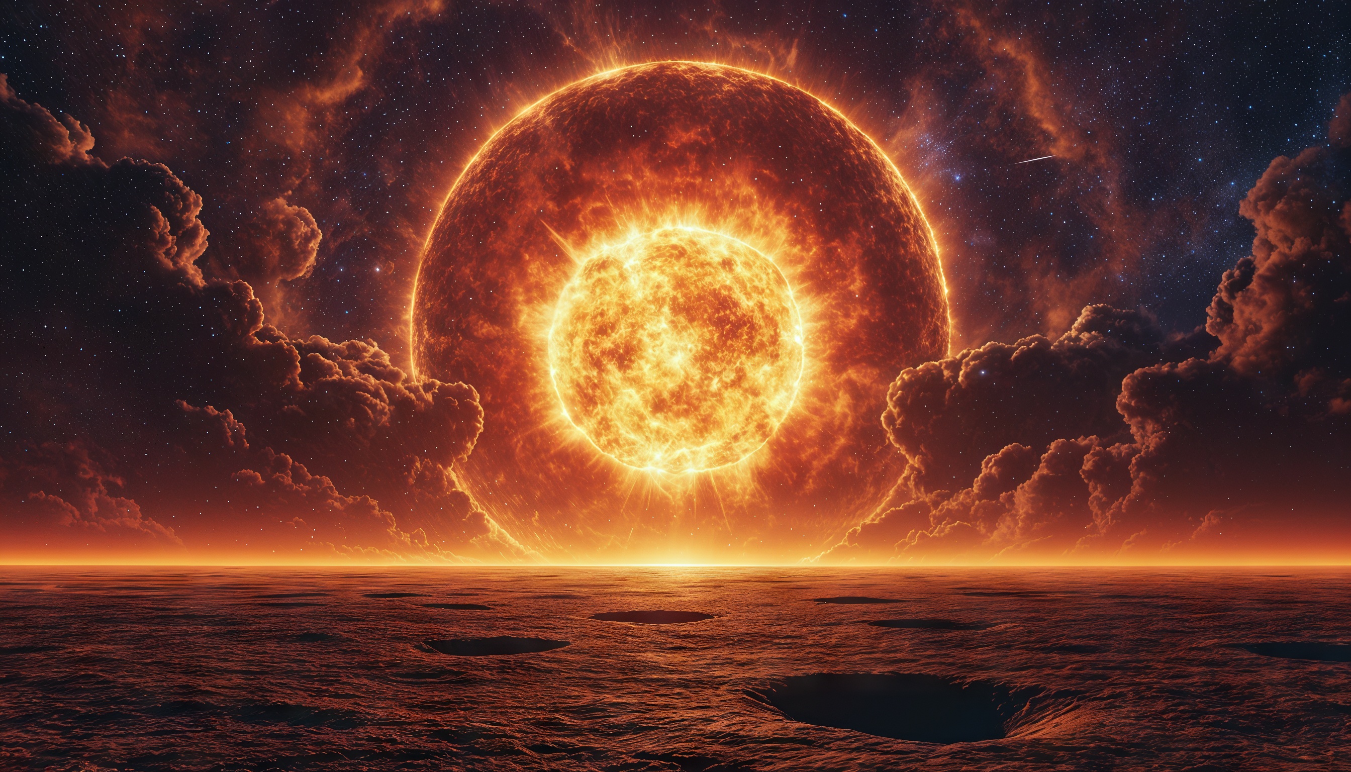 Бесплатное фото Взрыв небесного тела на фоне безжизненной планеты.