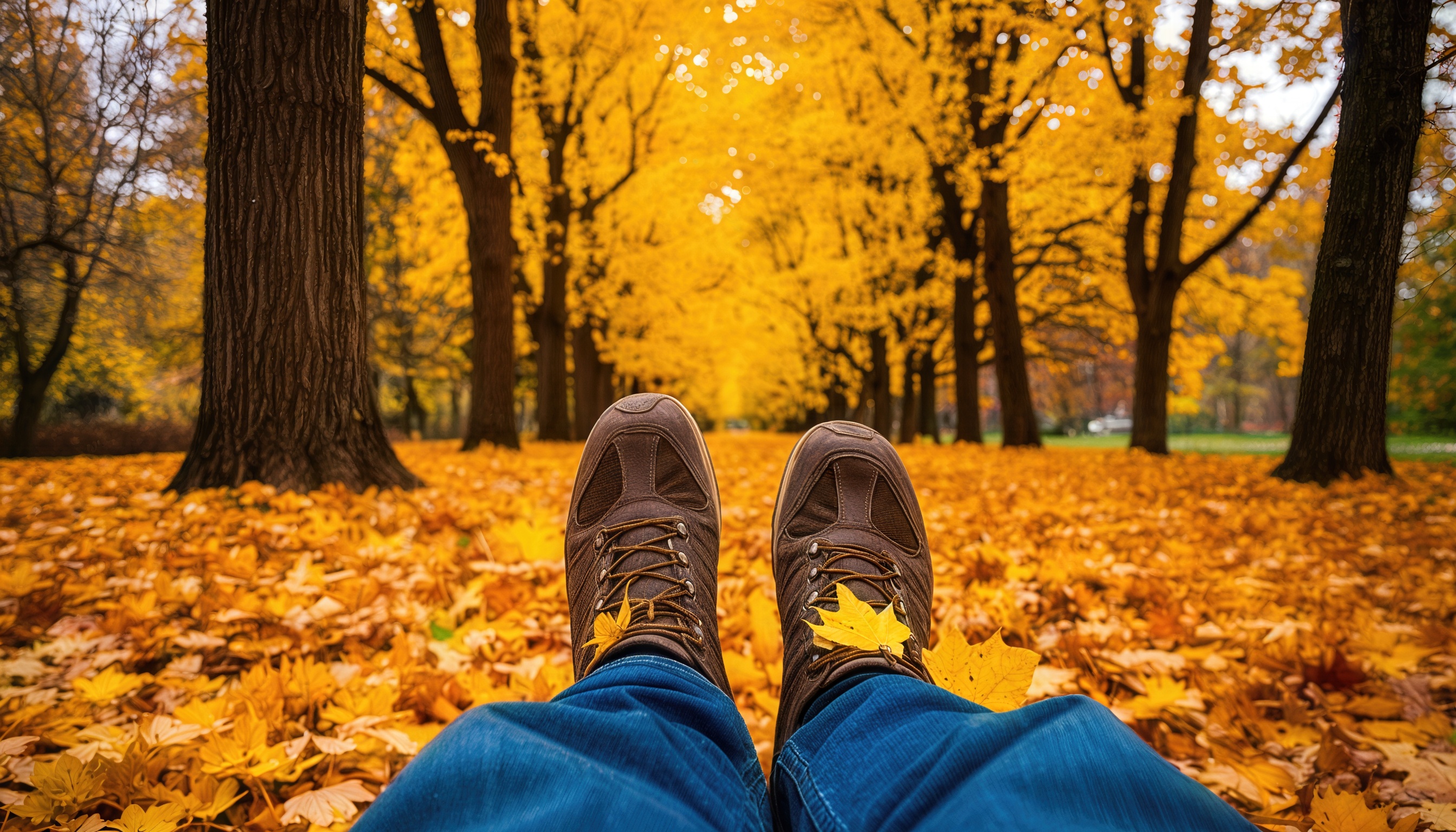 Бесплатное фото Человек в осеннем лесу сидит на земле, окруженный опавшими листьями.