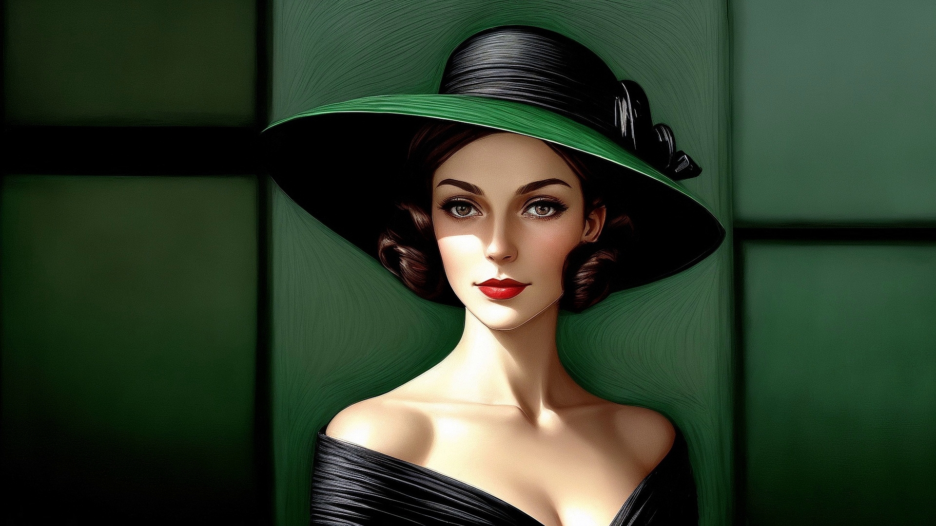 绘制绿色背景上戴帽子妇女的肖像