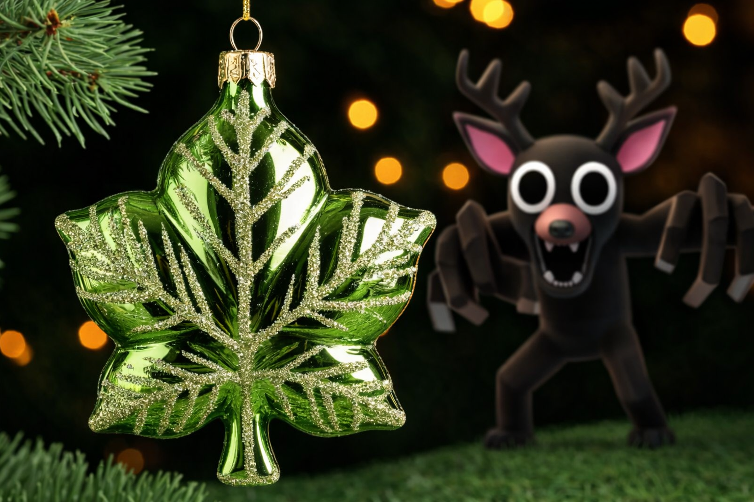 Бесплатная открытка Олень из Роблокс и елочная игрушка.