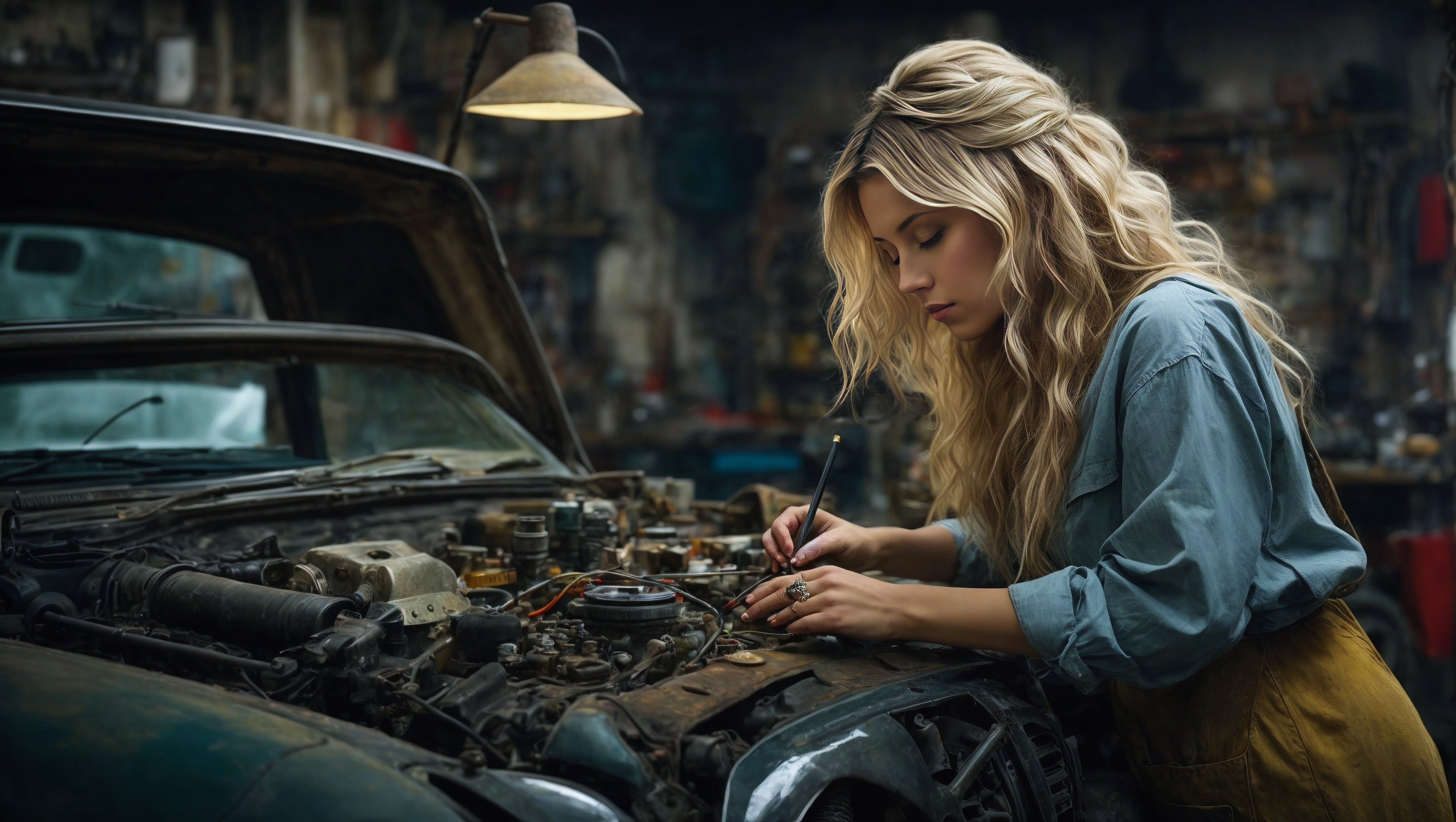 A woman is working on a car`s engine in her garage