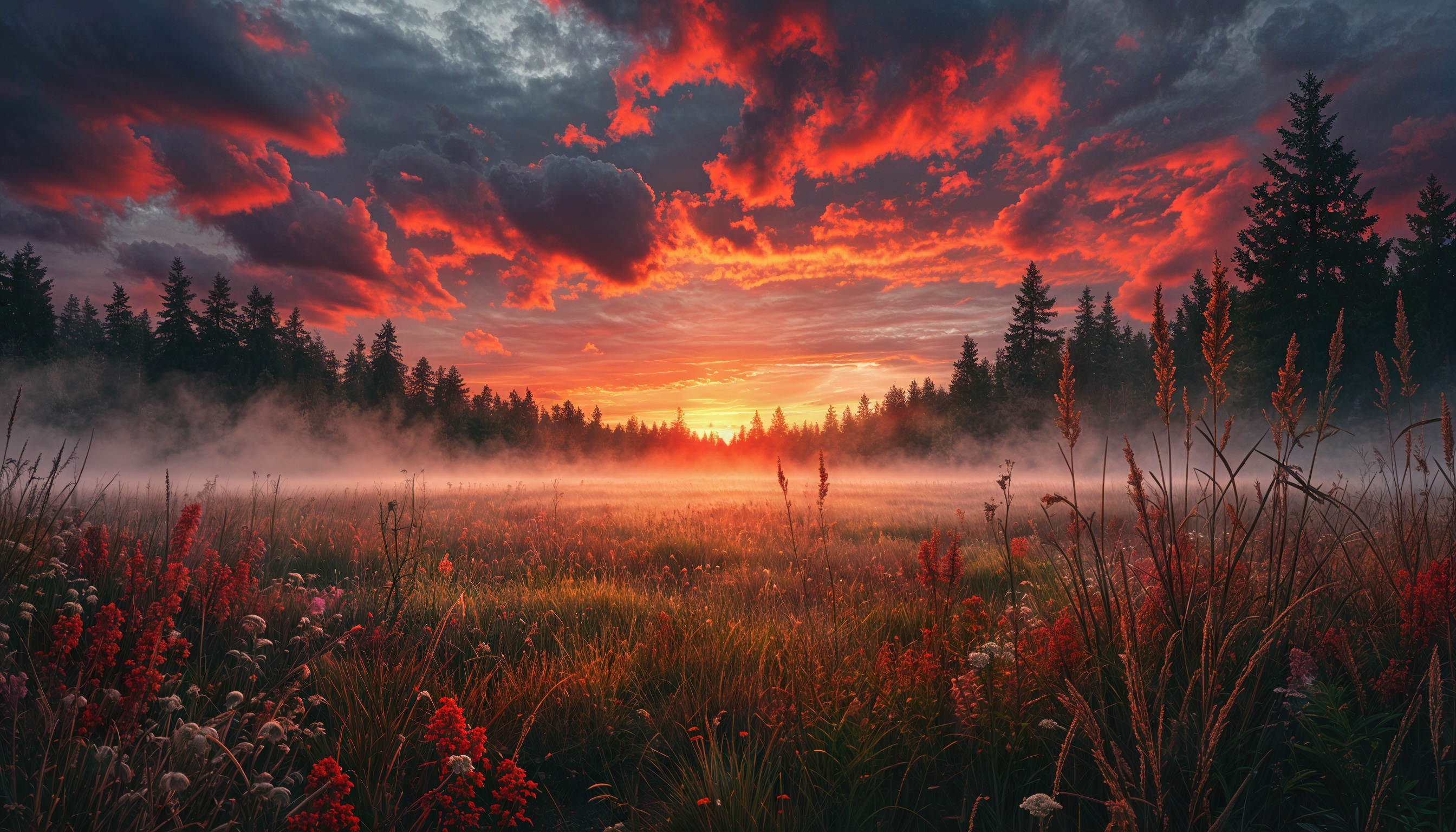 Бесплатное фото Пейзаж с полем, лесом и драматическим небом на рассвете.