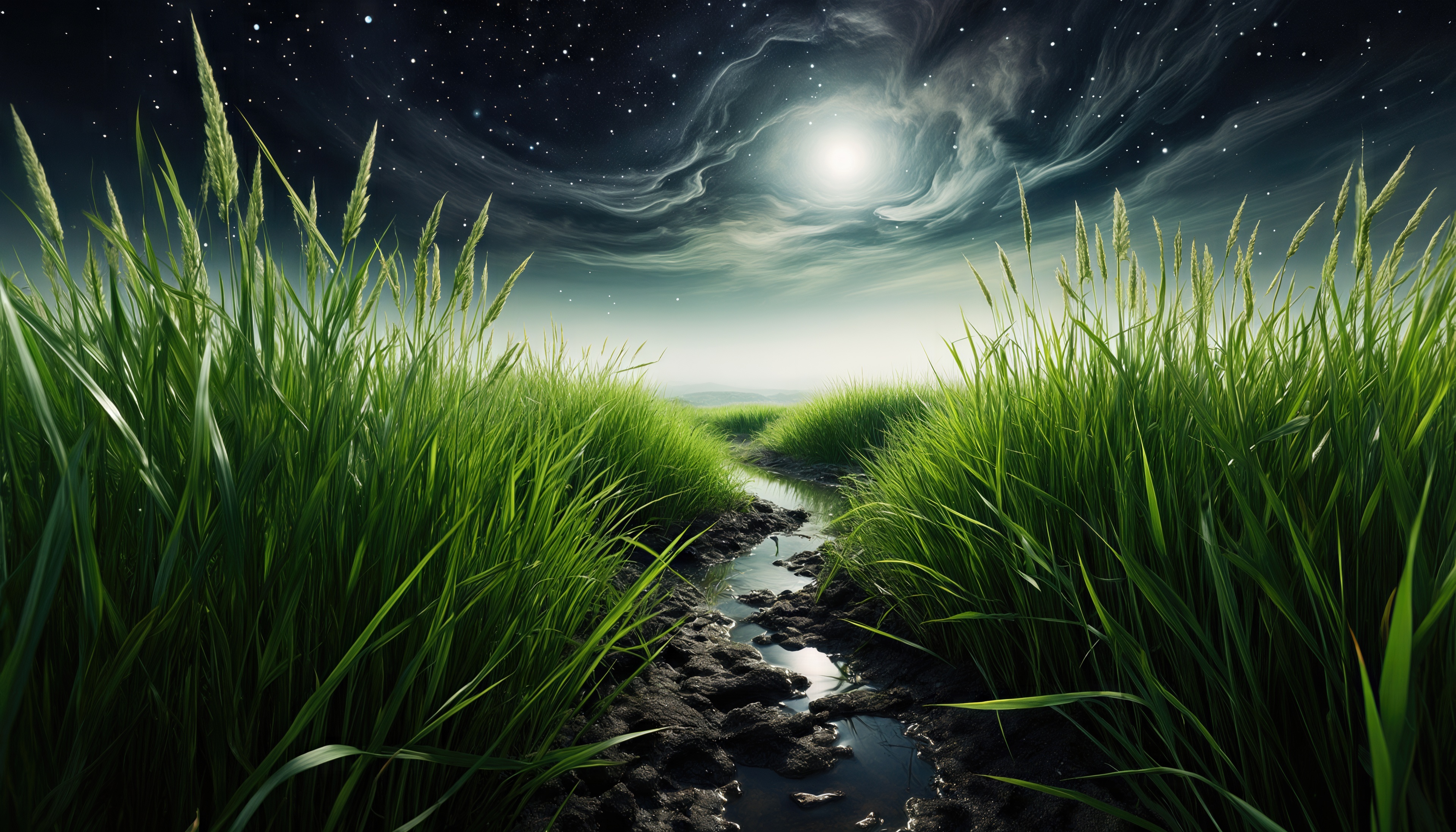 Бесплатное фото Ночное поле: сочная трава, узкий ручей и звёздное небо.