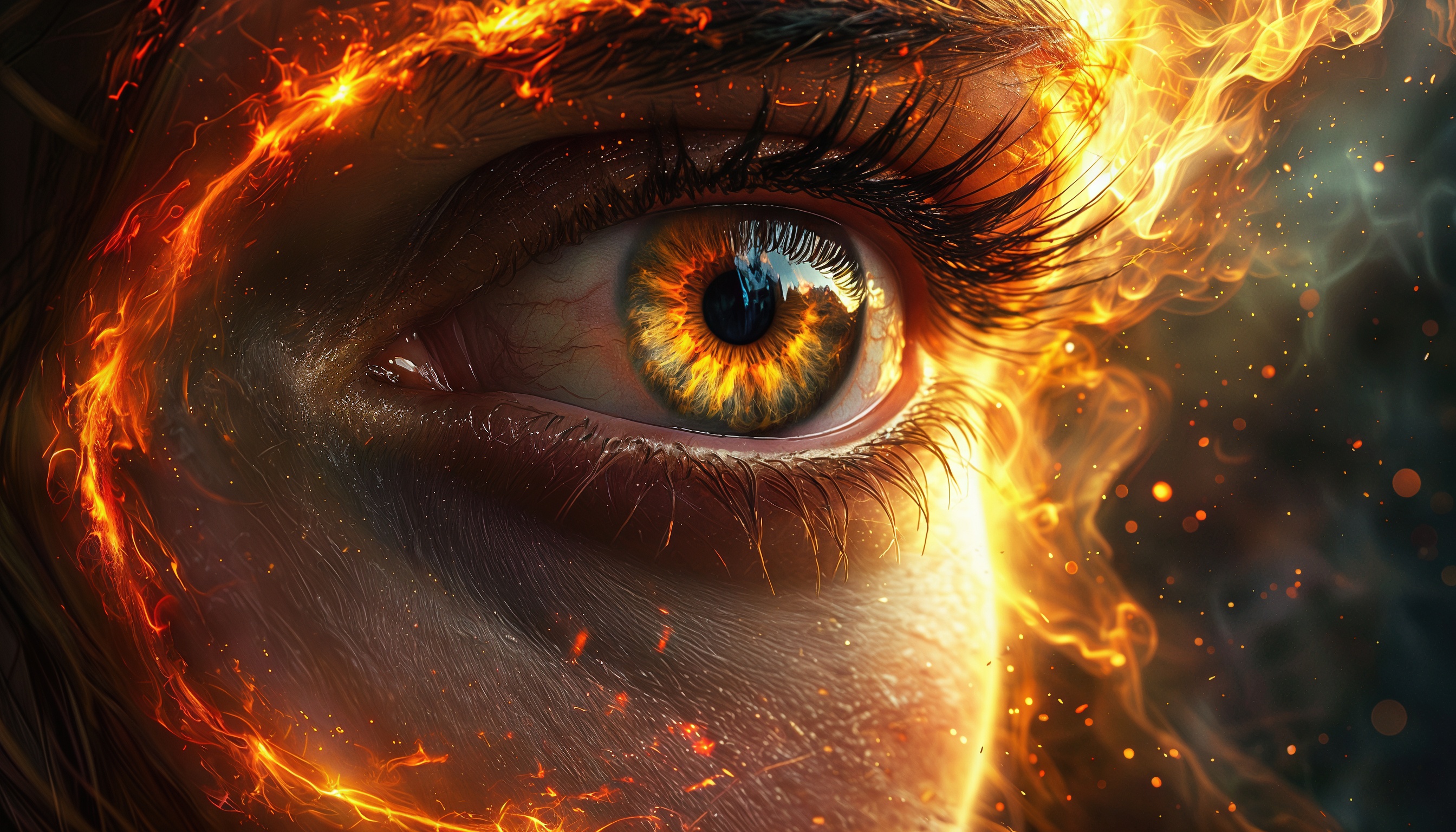 Бесплатное фото Янтарный глаз в огненном ореоле - взгляд, полный силы и тайны.