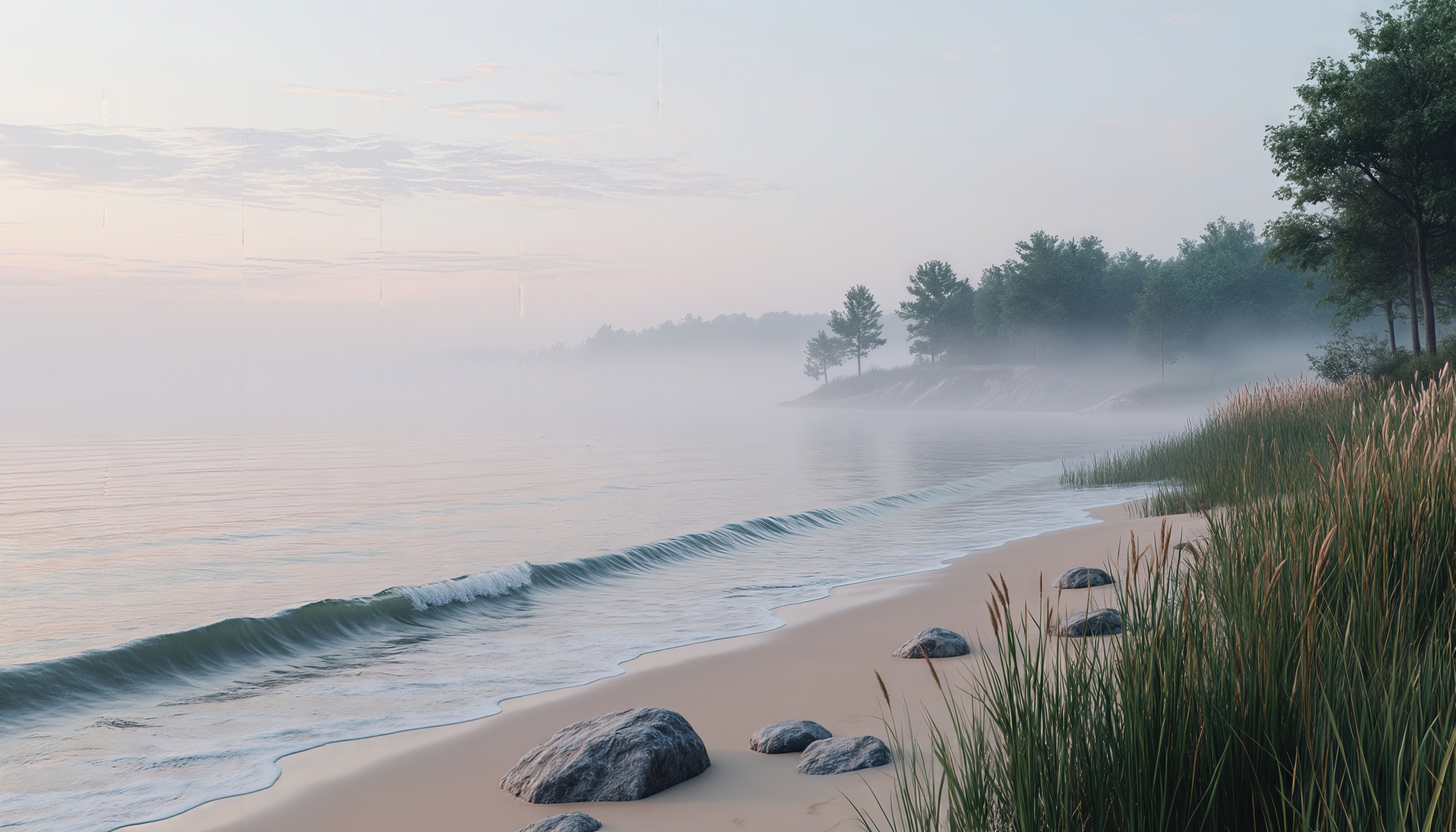 Сосновый берег окутан лёгким туманом над водой.