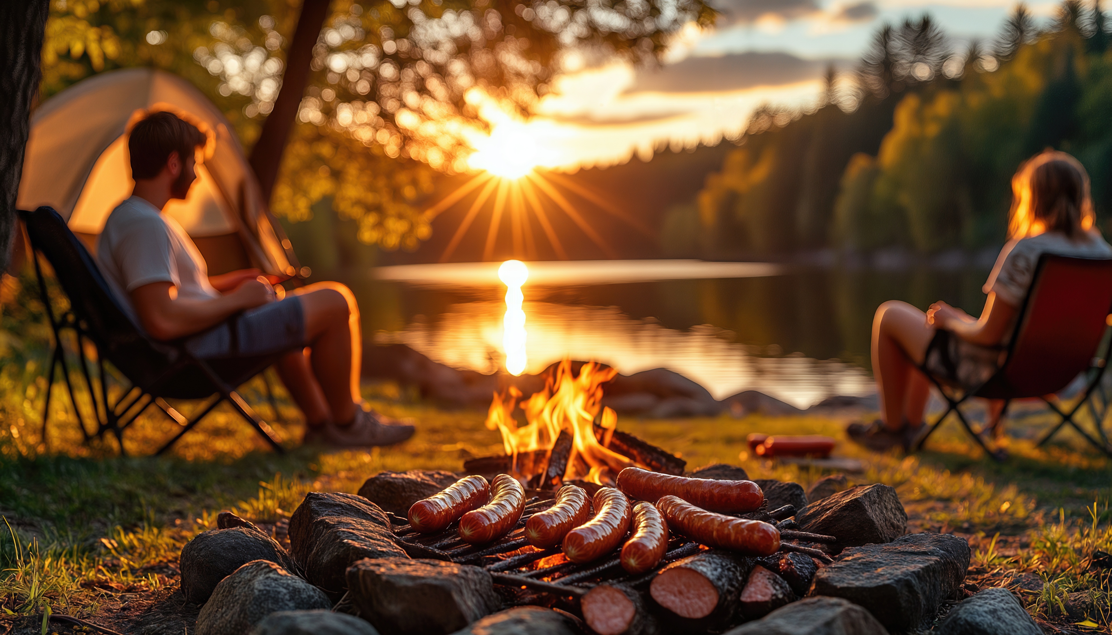 Бесплатное фото Закат окрасил лагерь в золотые тона: у костра жарятся сосиски, двое отдыхающих наслаждаются моментом.