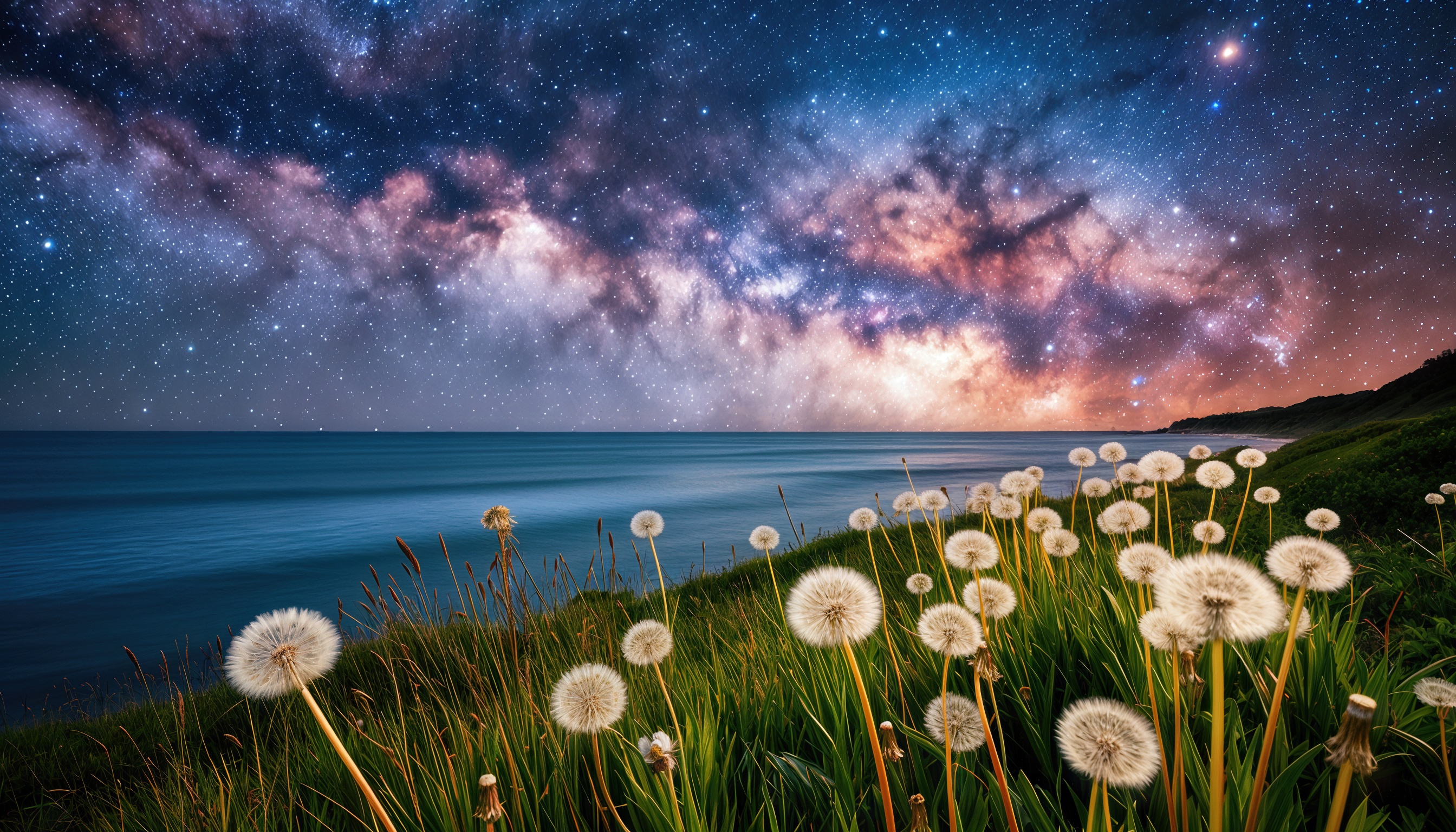 Бесплатное фото Млечный Путь окутал берег, а одуванчики хранят сны океана