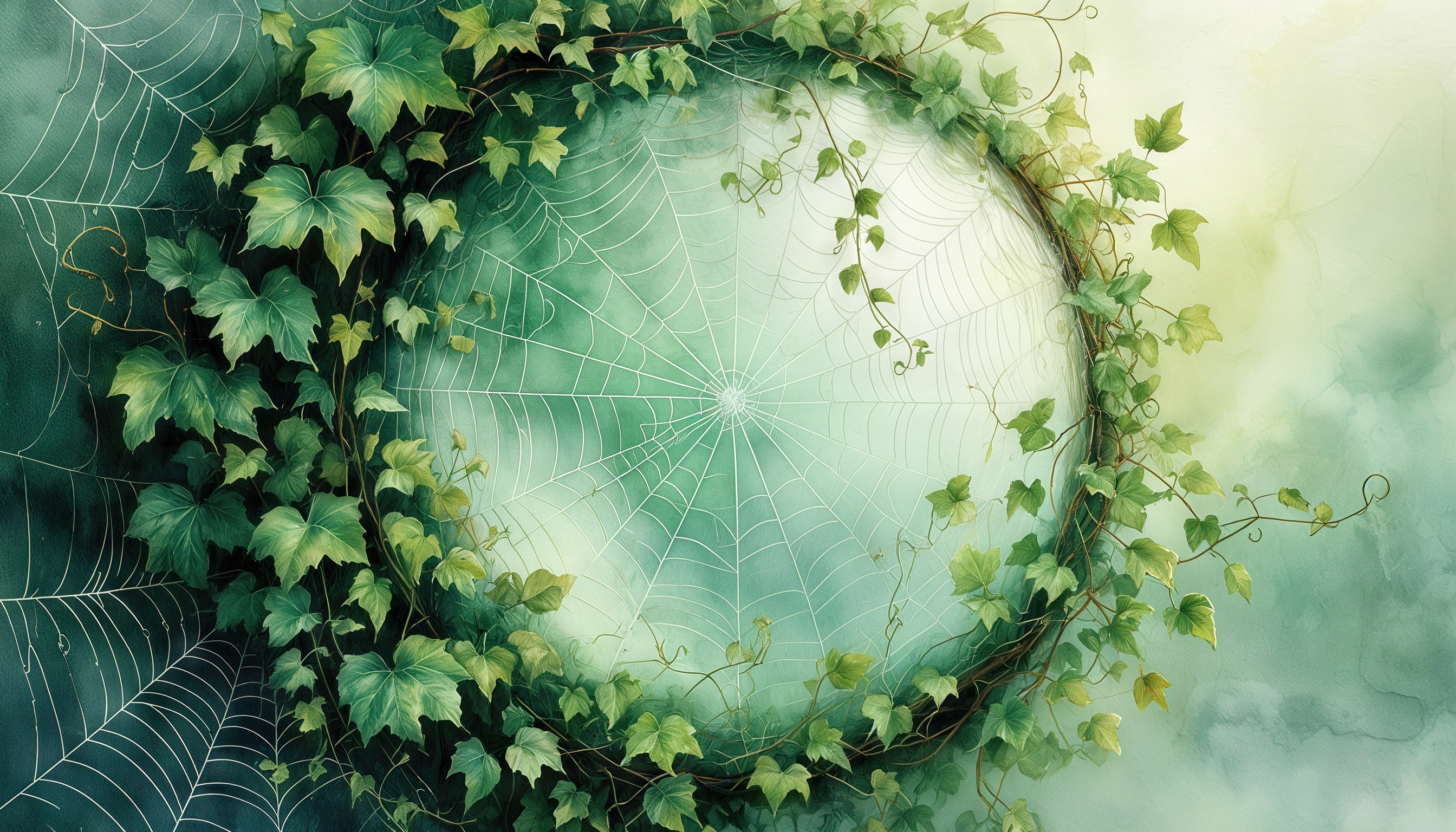 Бесплатное фото Паутина в окружении зеленых листьев на фоне пастельных тонов.