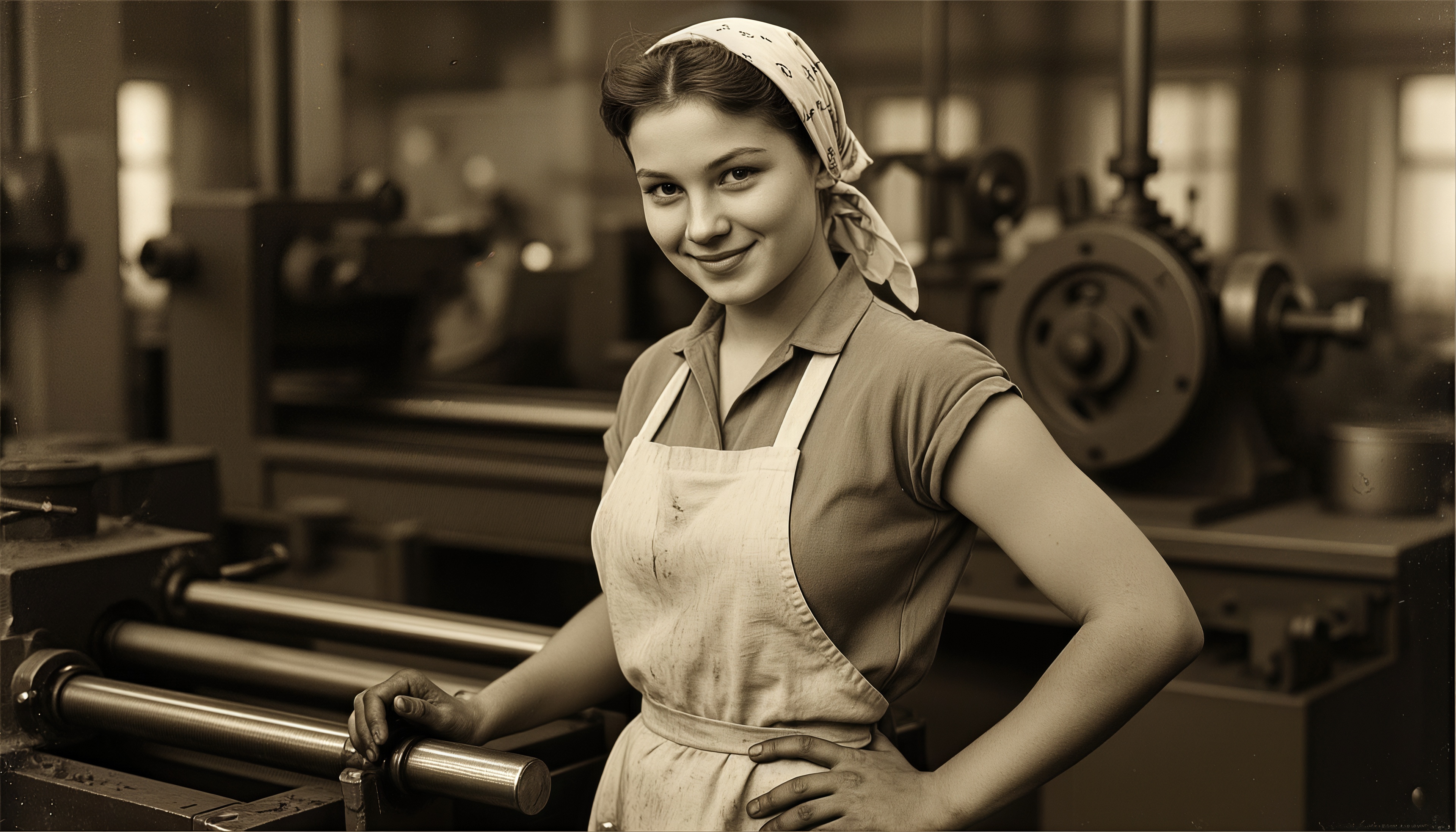 Бесплатное фото Улыбающаяся работница у станка в цехе - символ трудового подвига.