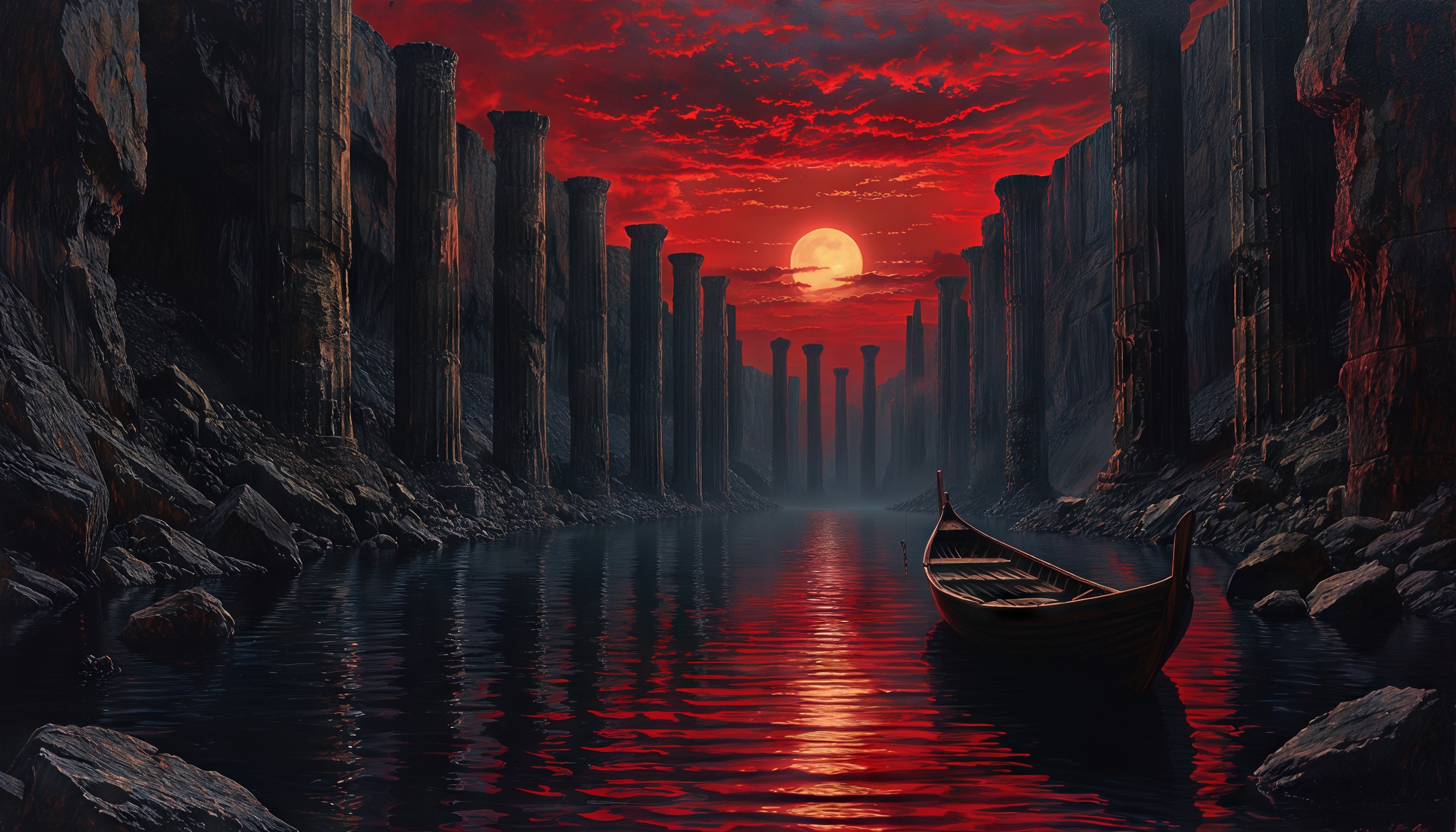 Бесплатное фото Фантастический пейзаж с древними колоннами и лодкой на фоне заката.