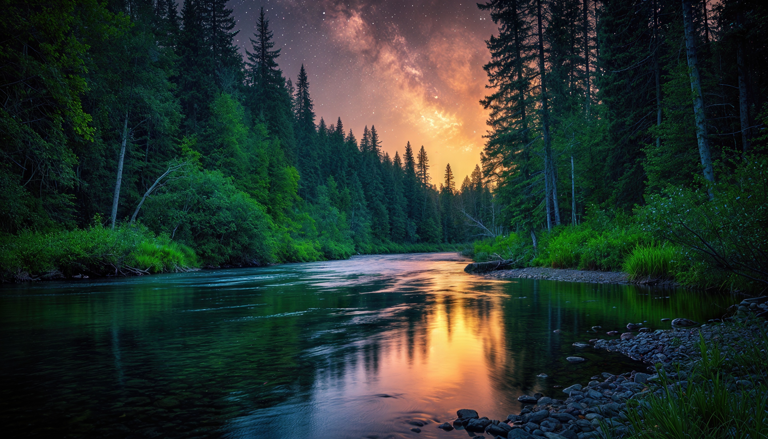 Бесплатное фото Лесной пейзаж с рекой и закатом.