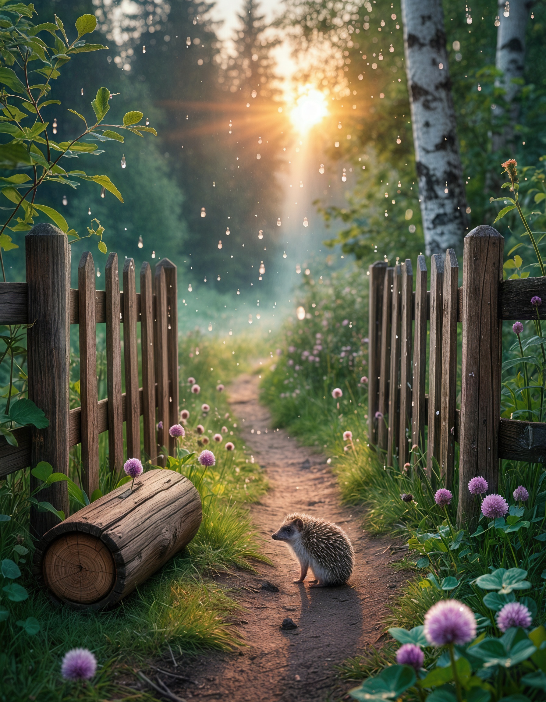 Ёжик задумчиво сидит на лесной тропе, окутанной золотым закатом и россыпью хрустальных капель росы.