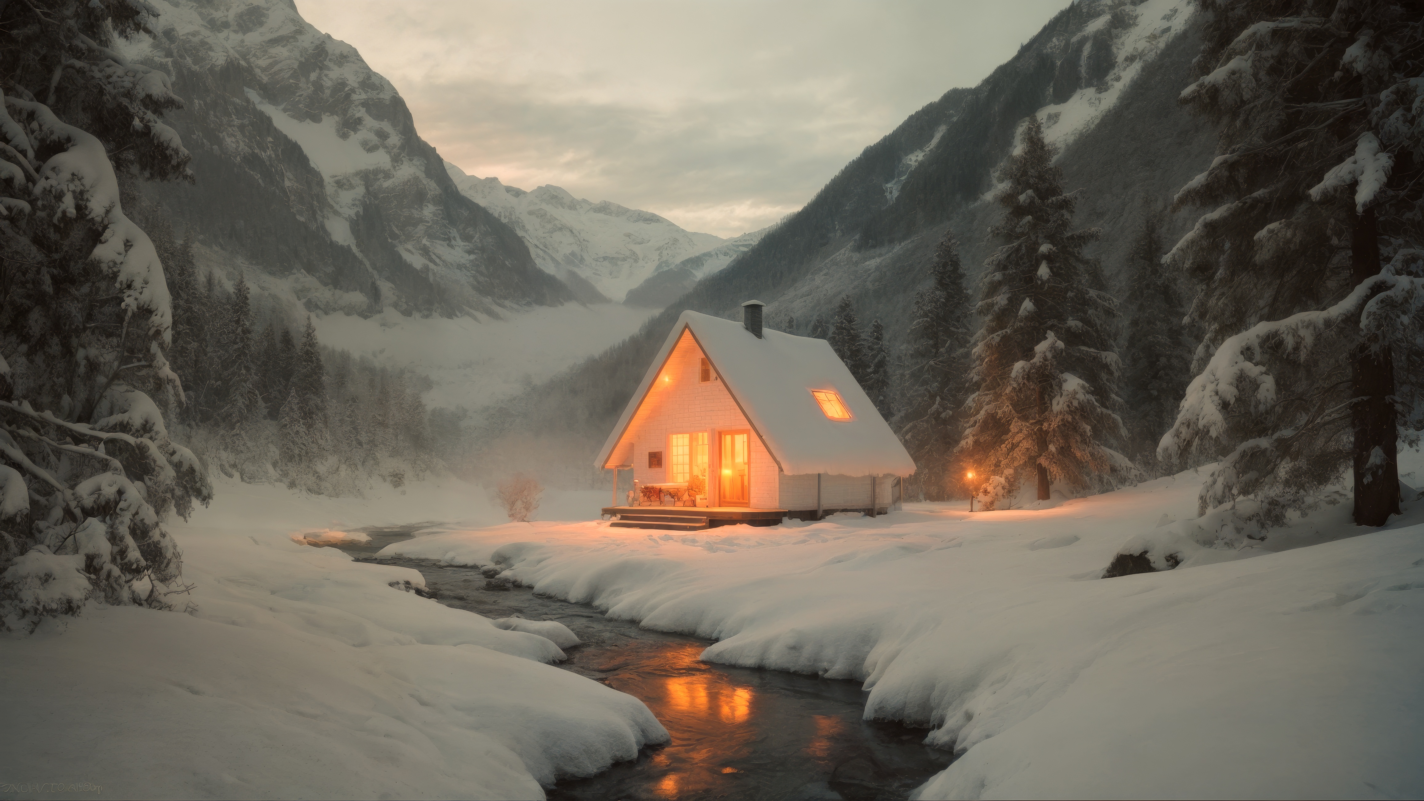 Бесплатное фото Возле небольшого ручья в заснеженном лесу горит хижина