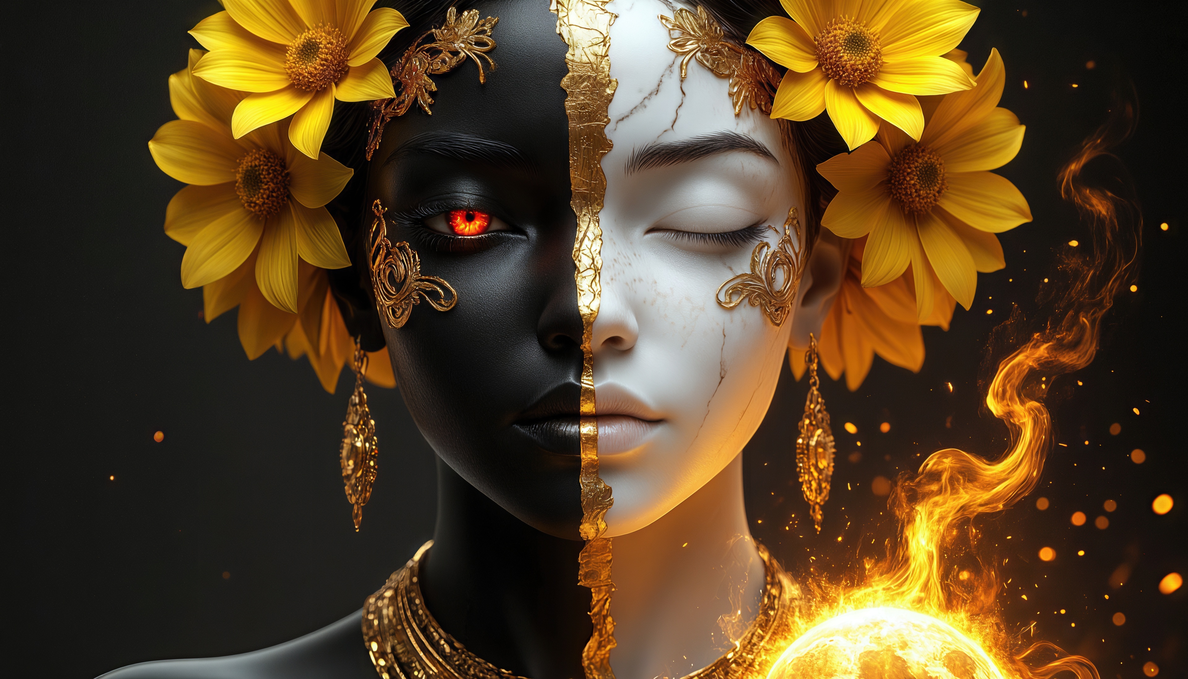 Free photo Duality: contrasting face with gold jewelry.