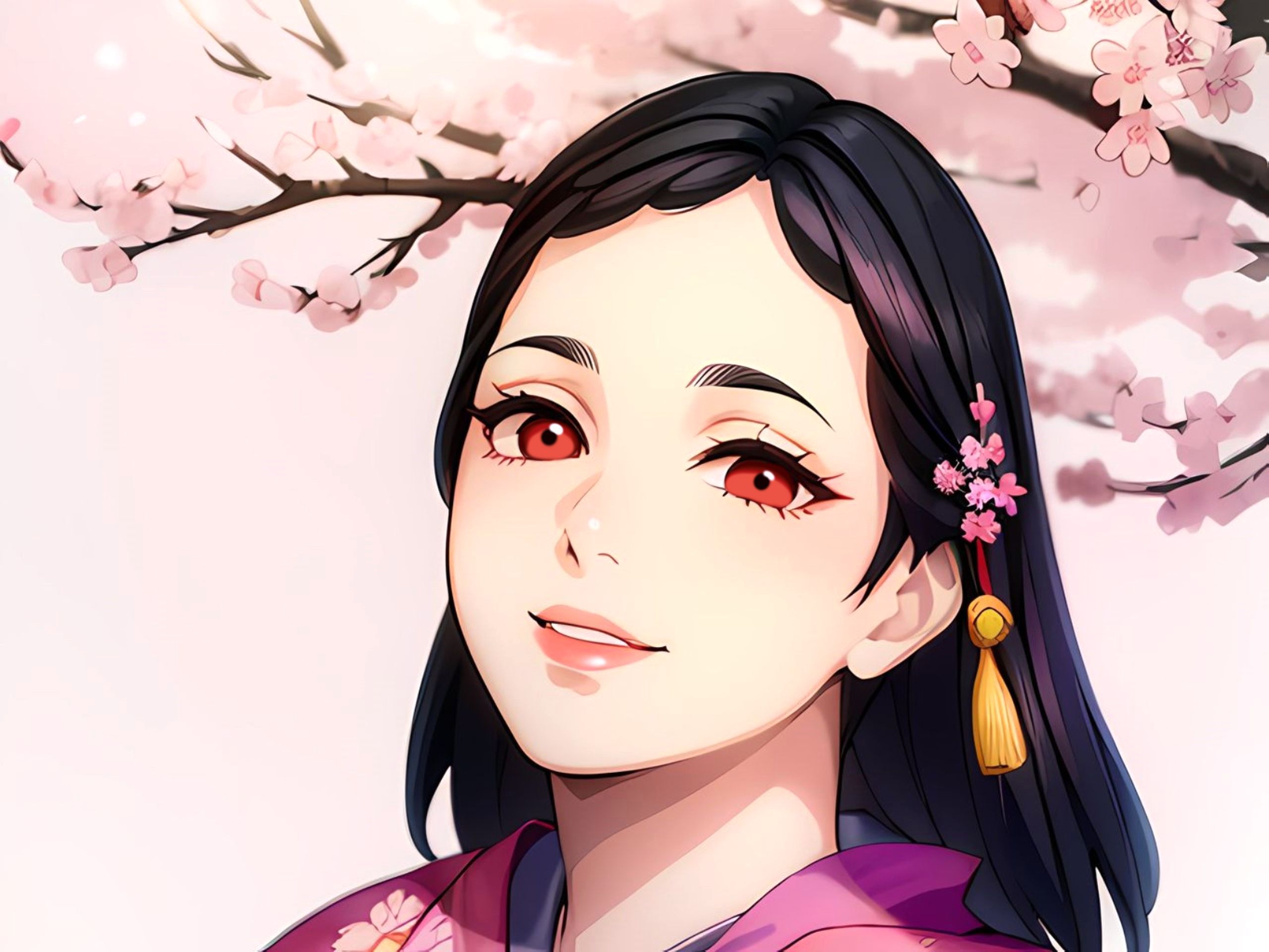 美丽的日本女孩，身着和服，一双桃花眼，站在樱花树旁、