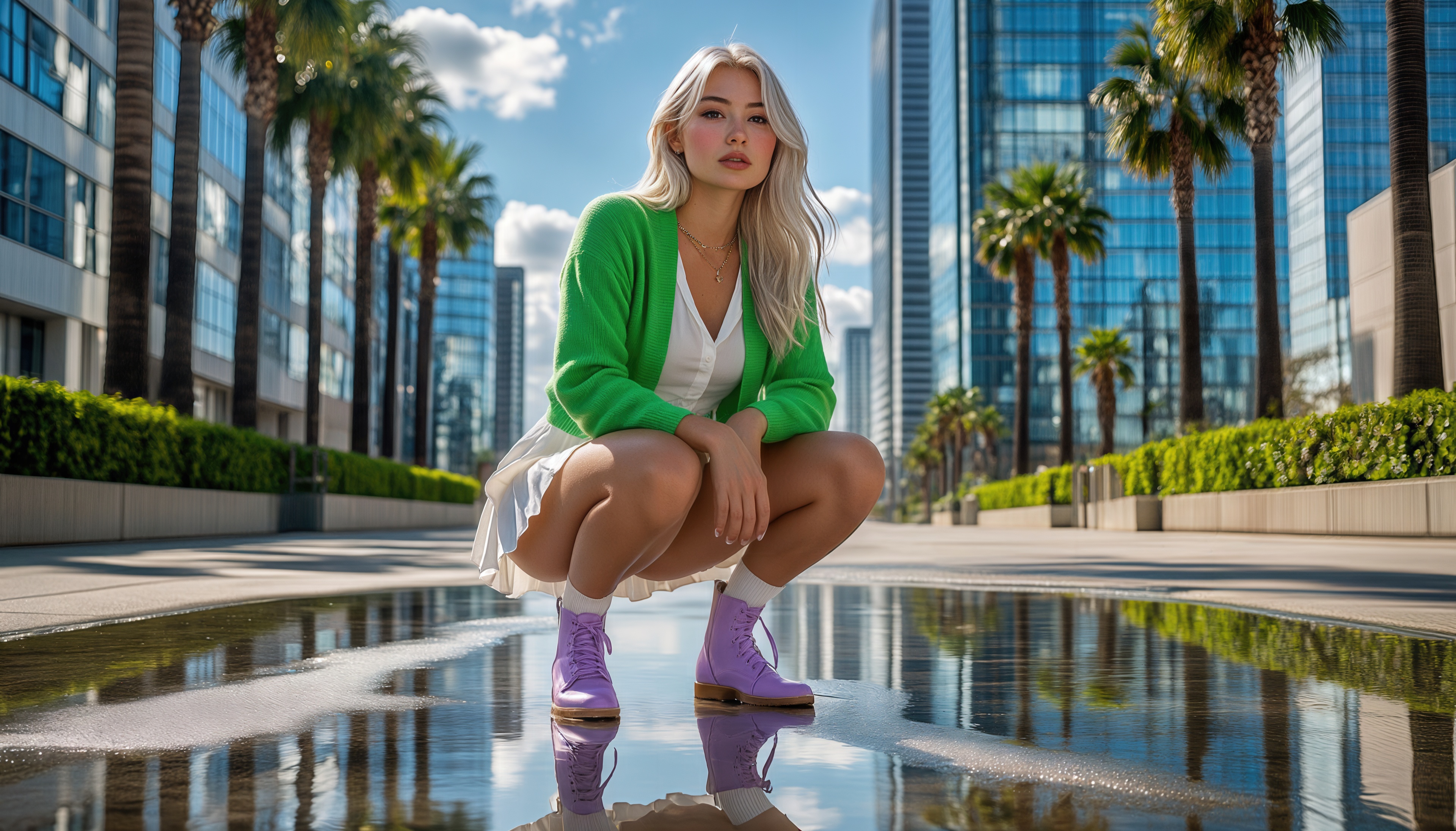 Блондинка в зелёном кардигане позирует у городской лужи.