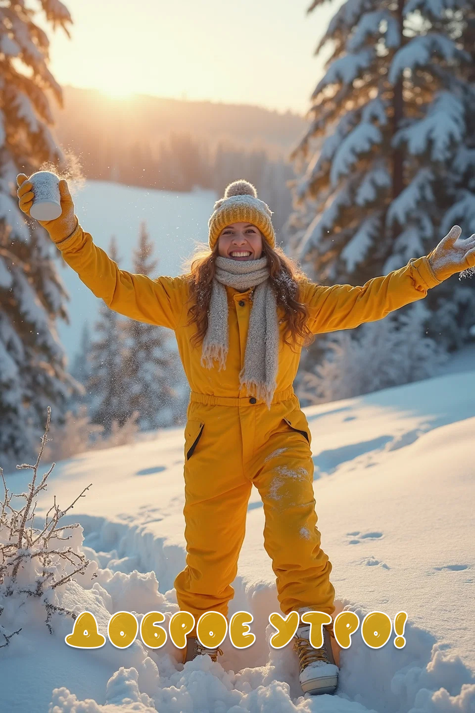 Бесплатная открытка Открытка девушка утром в снегу