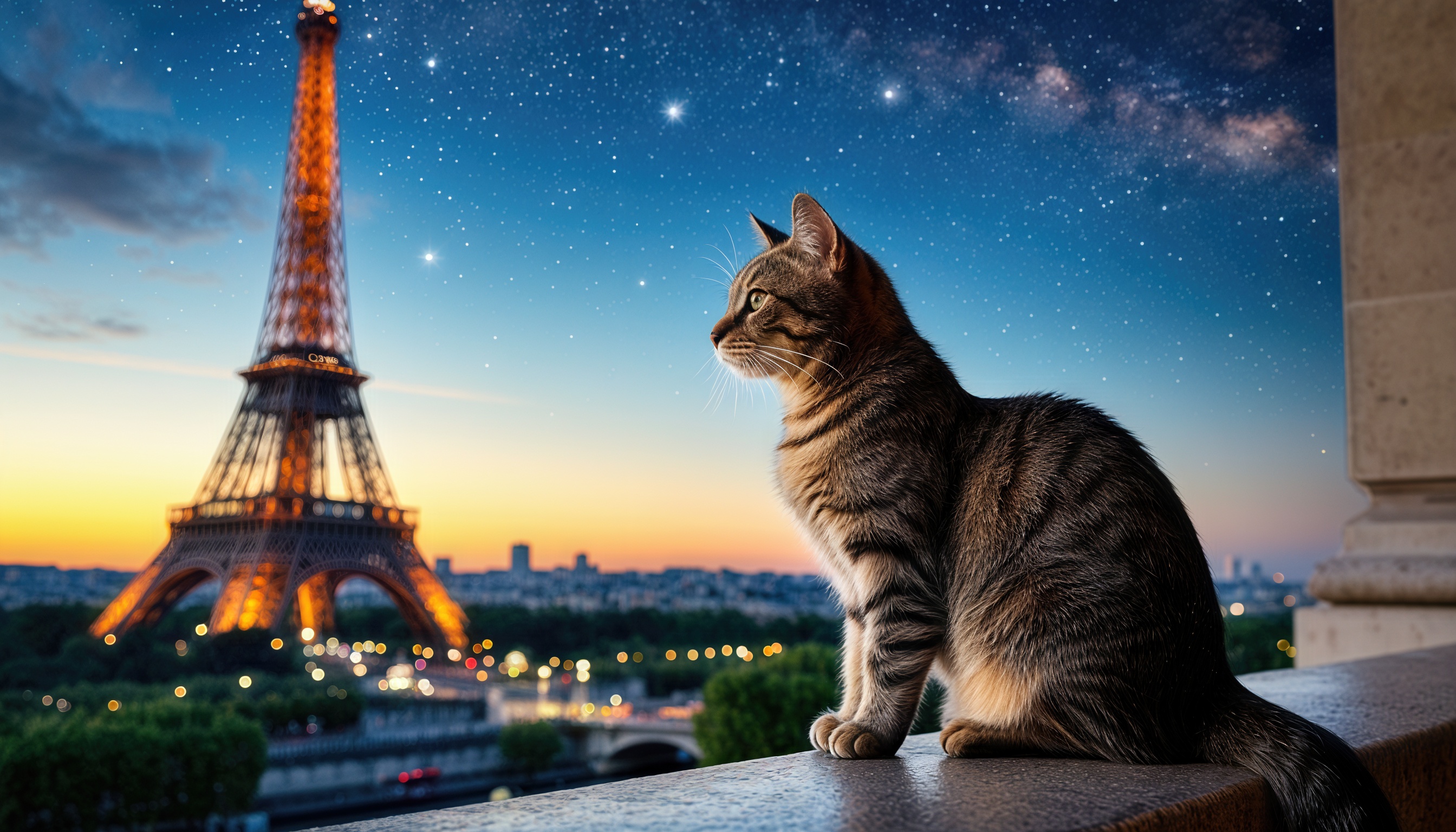Бесплатное фото Кот на балконе в Париже, смотрит на освещенную Эйфелеву башню и ночной город.