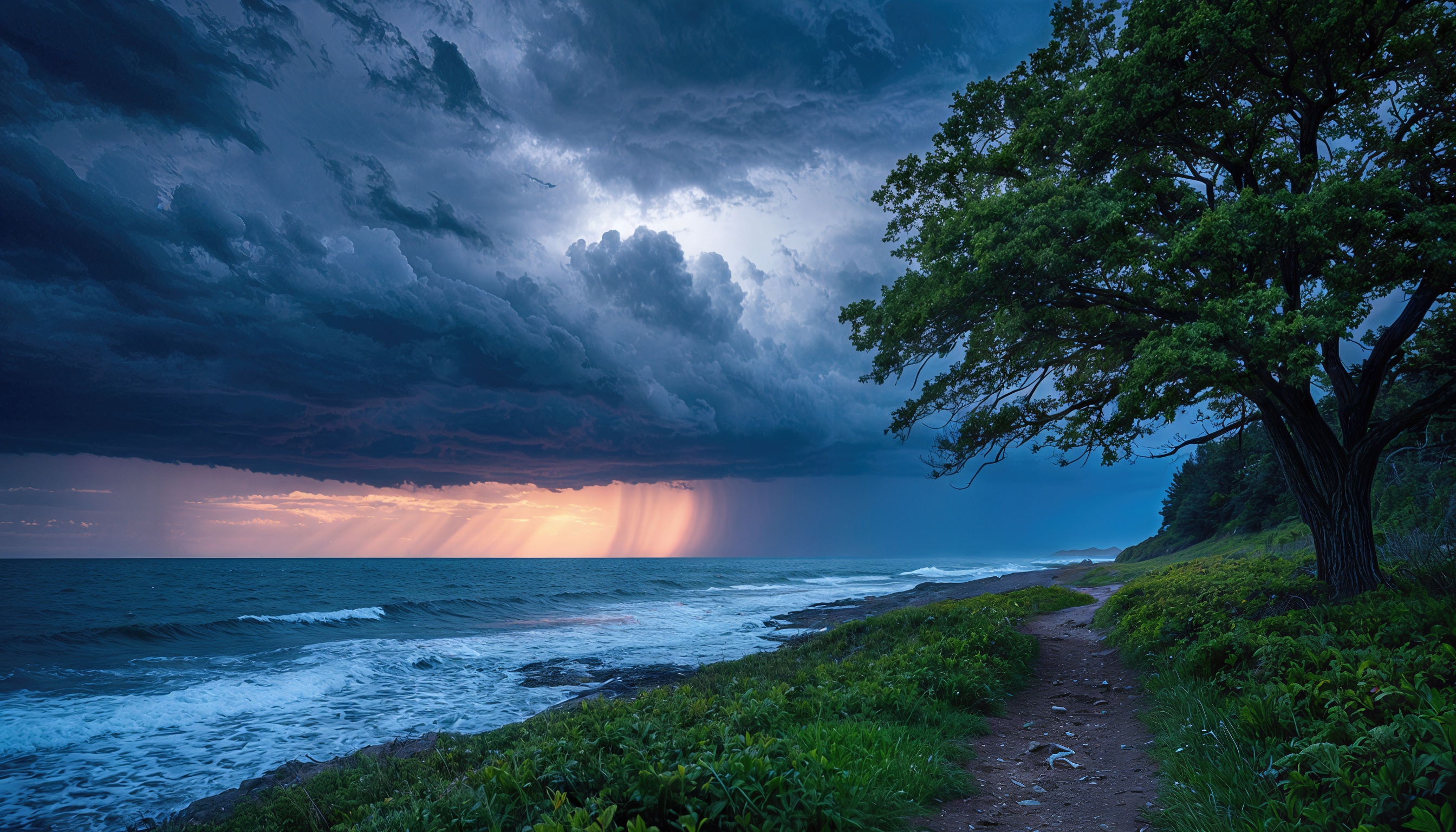 Бесплатное фото Тучи грозно нависли над морем, а золотые лучи заката пробиваются сквозь них, озаряя волны и тропу у могучего дерева.