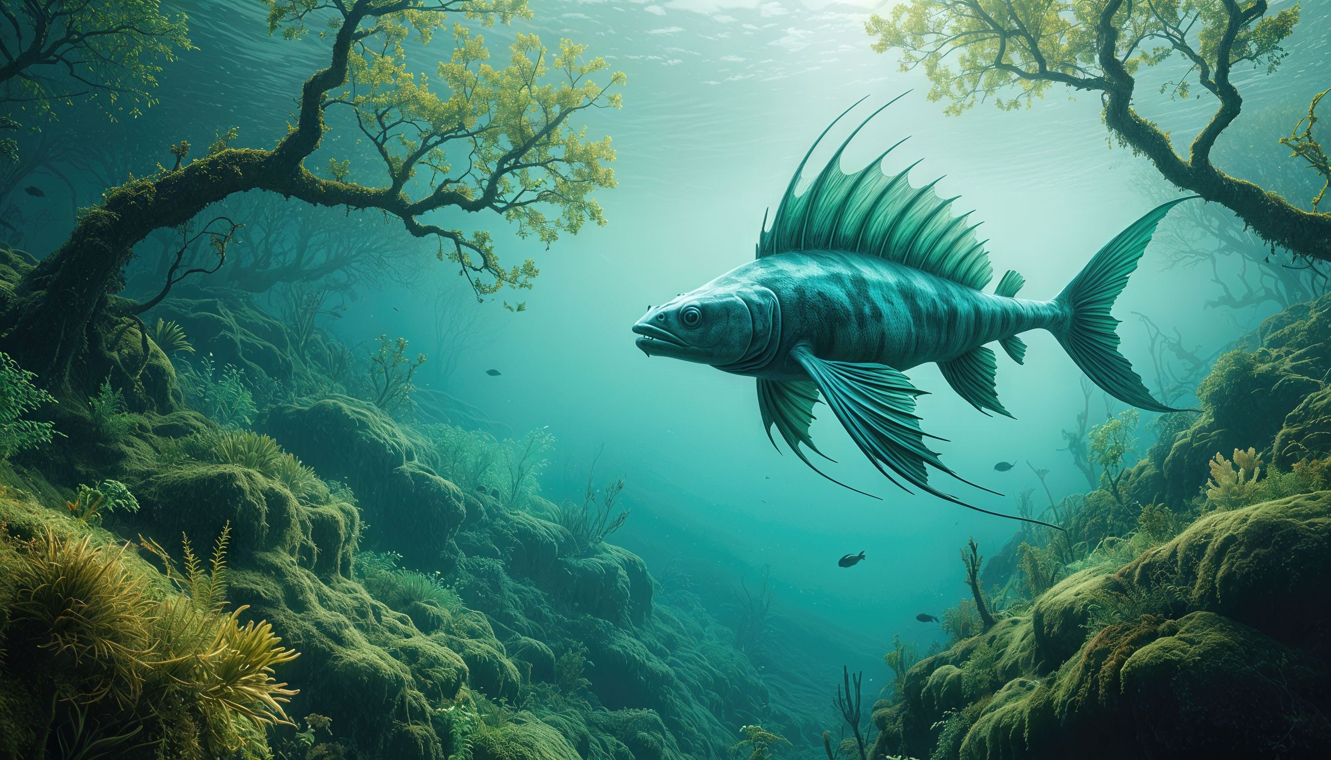 Бесплатное фото Крупная рыба плавает среди кораллов и морских растений в подводном мире.