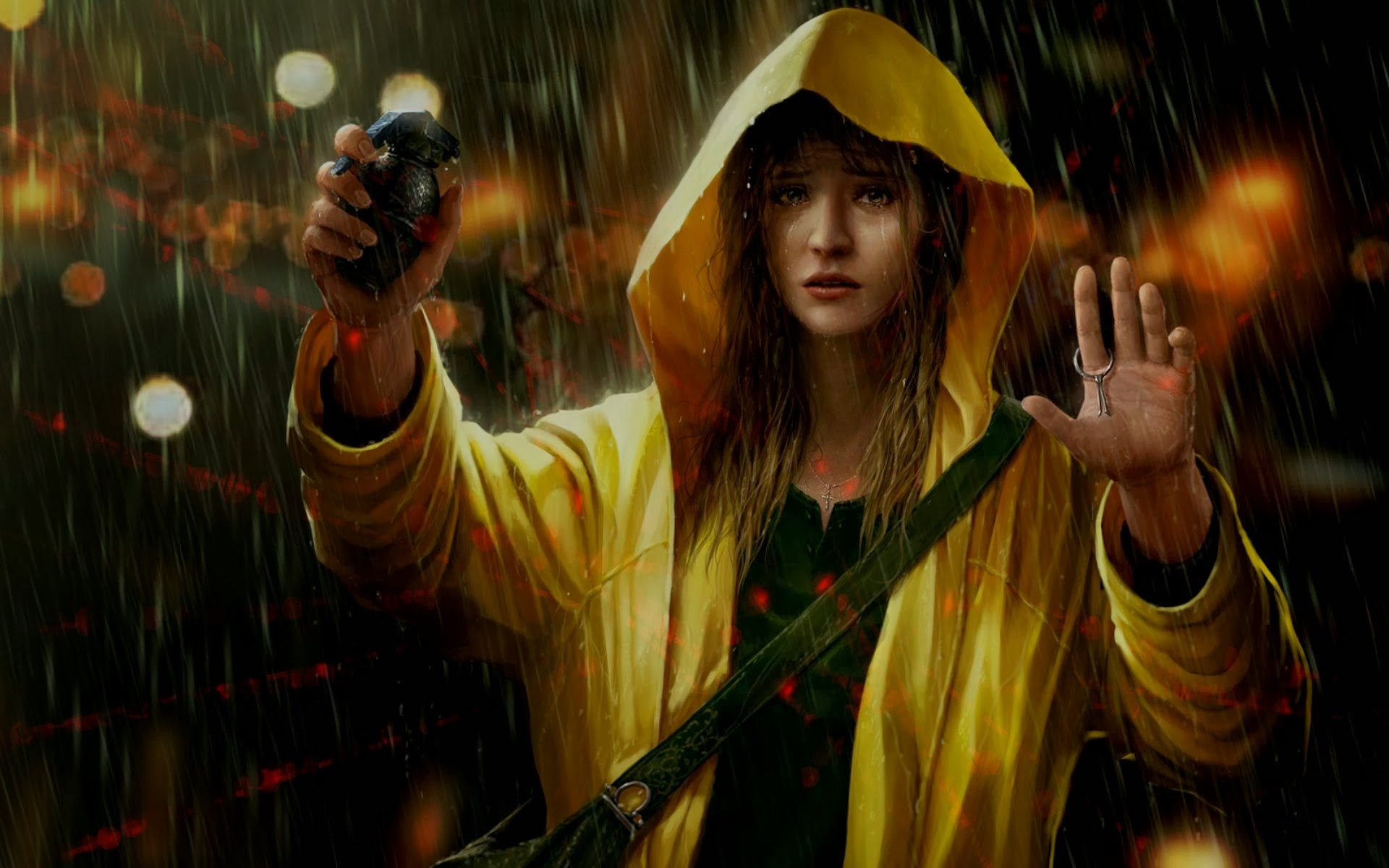 Девушка под дождем в желтом дождивике