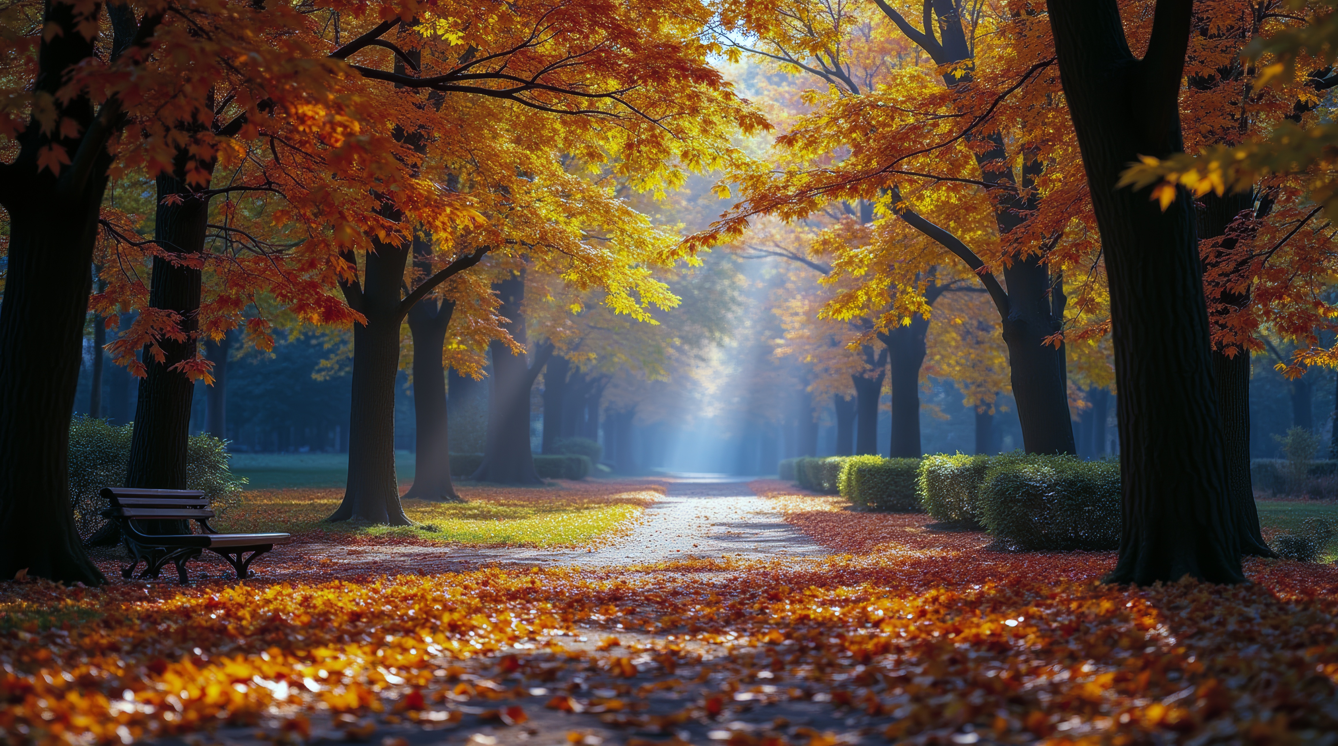 Уличная сцена с деревьями и листьями осенью
