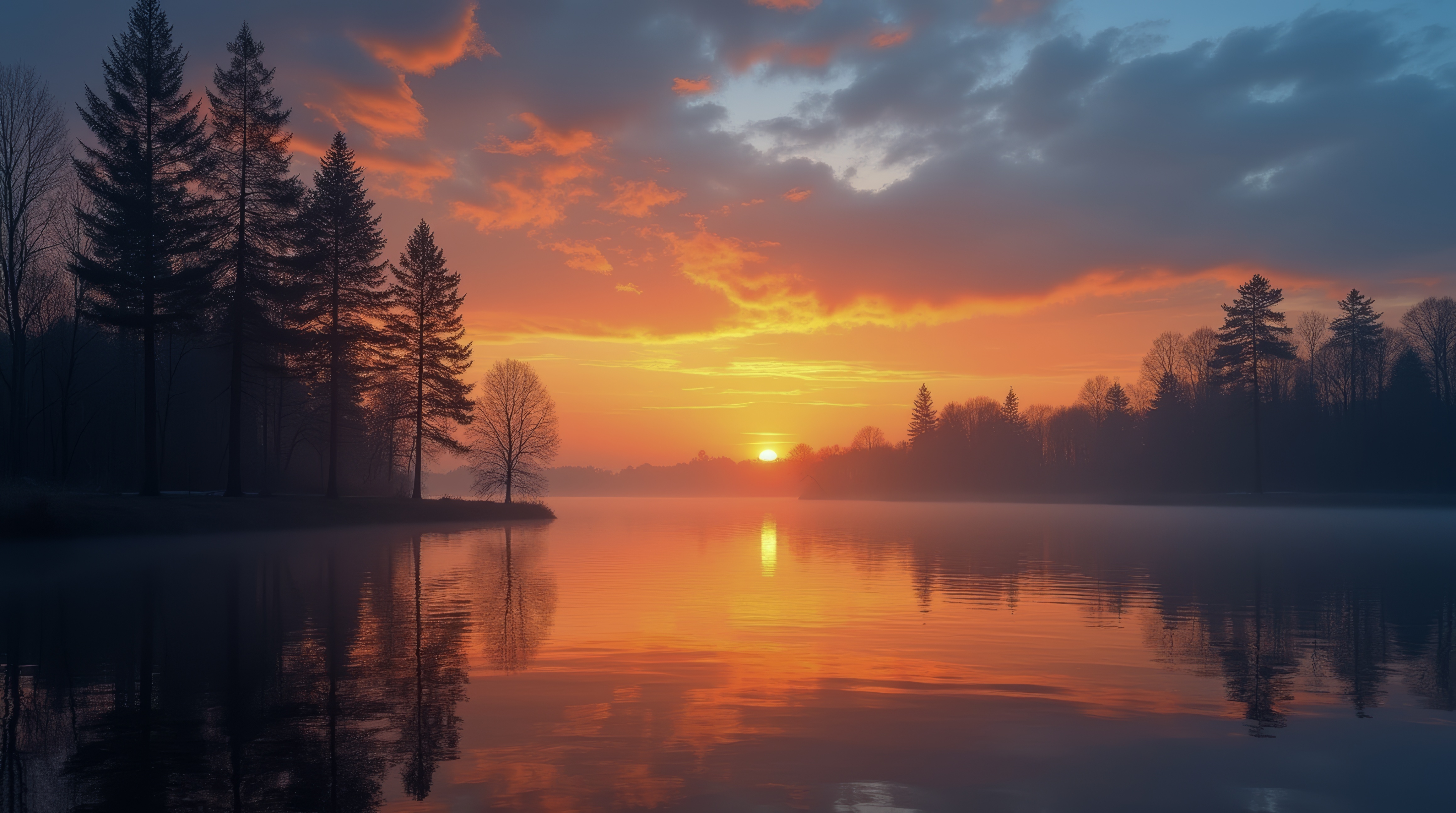 Бесплатное фото Небольшое озеро на закате в окружении деревьев