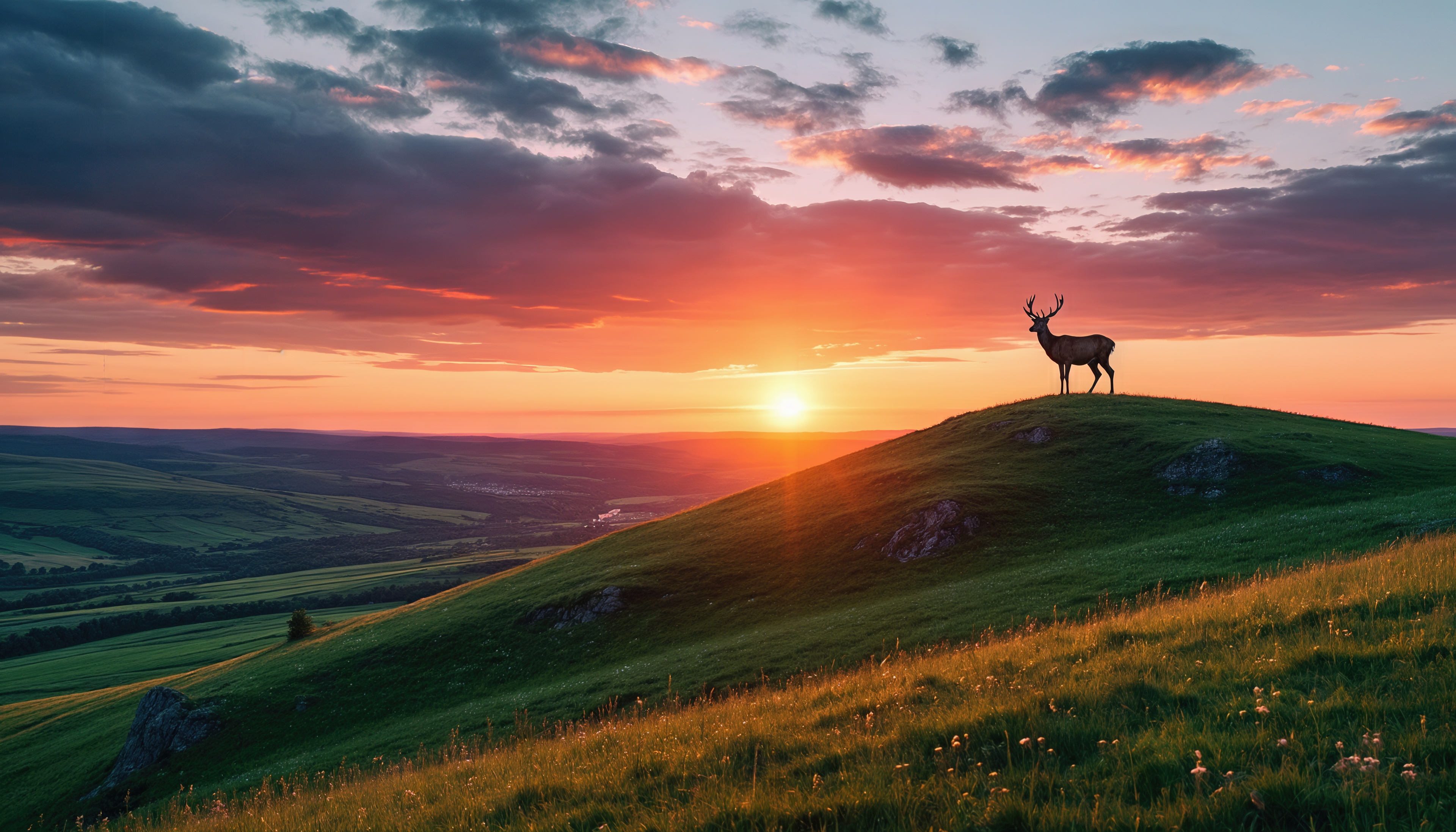 Бесплатное фото Закат окрасил облака, олень наблюдает за уходящим днём.