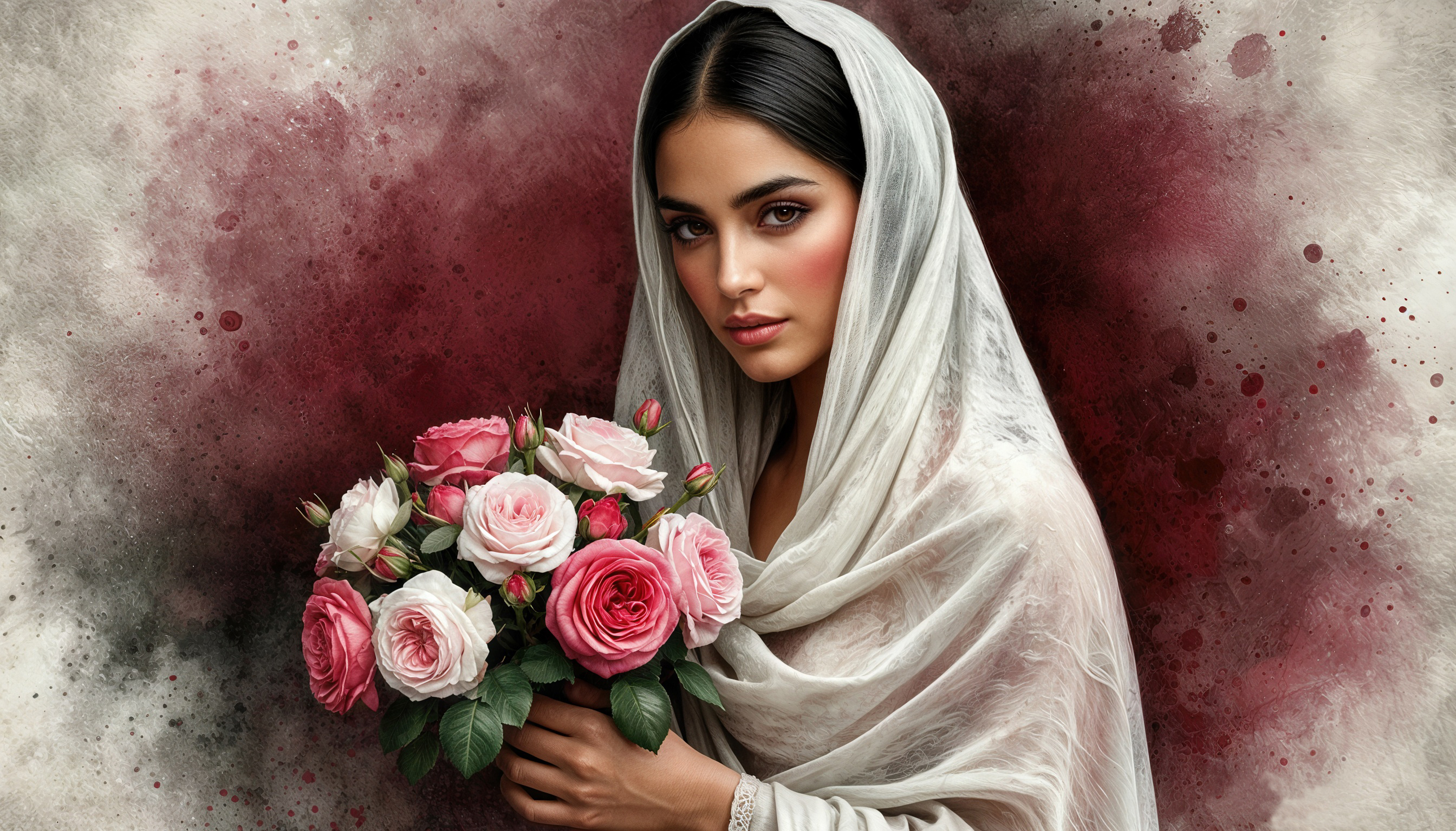 Бесплатное фото Женщина в свадебном наряде с букетом роз на фоне абстрактного красно-белого узора.