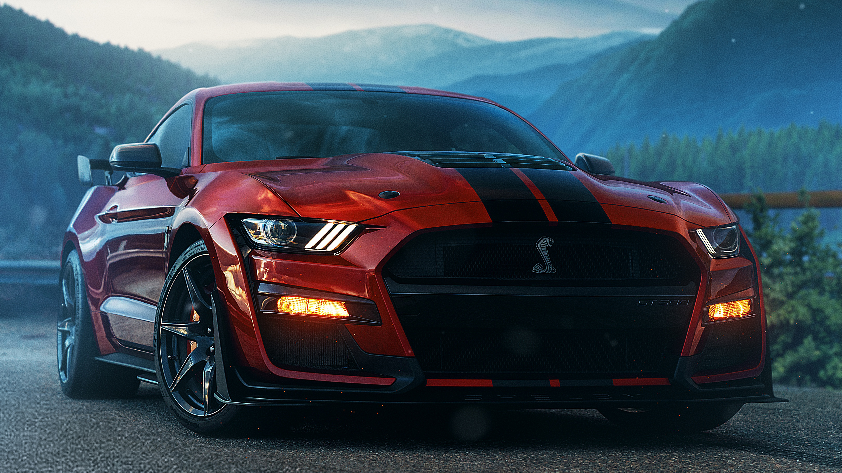 Free photo Cool red Ford Mustang with black stripes.