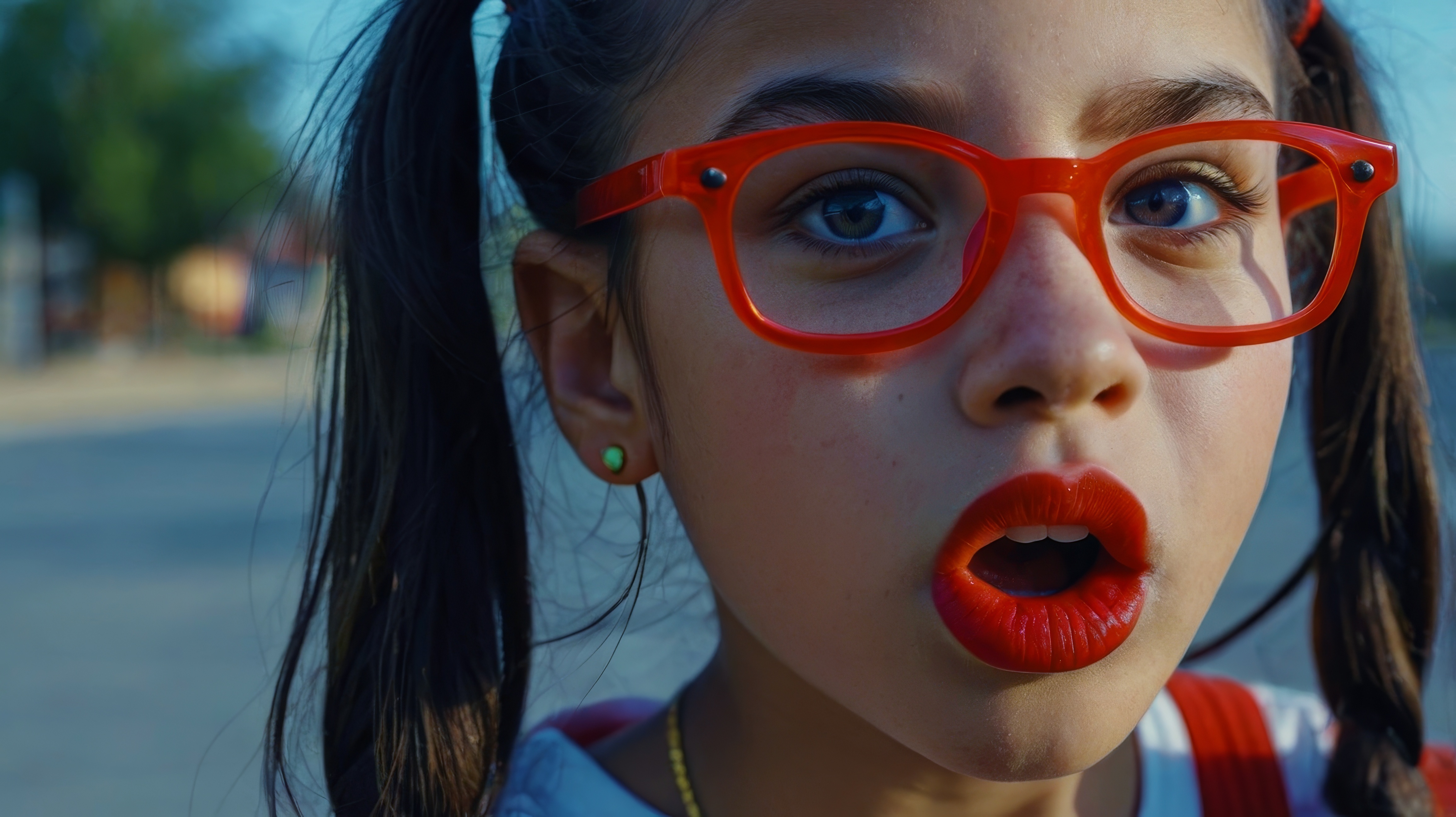 The young girl with red glasses is looking upward