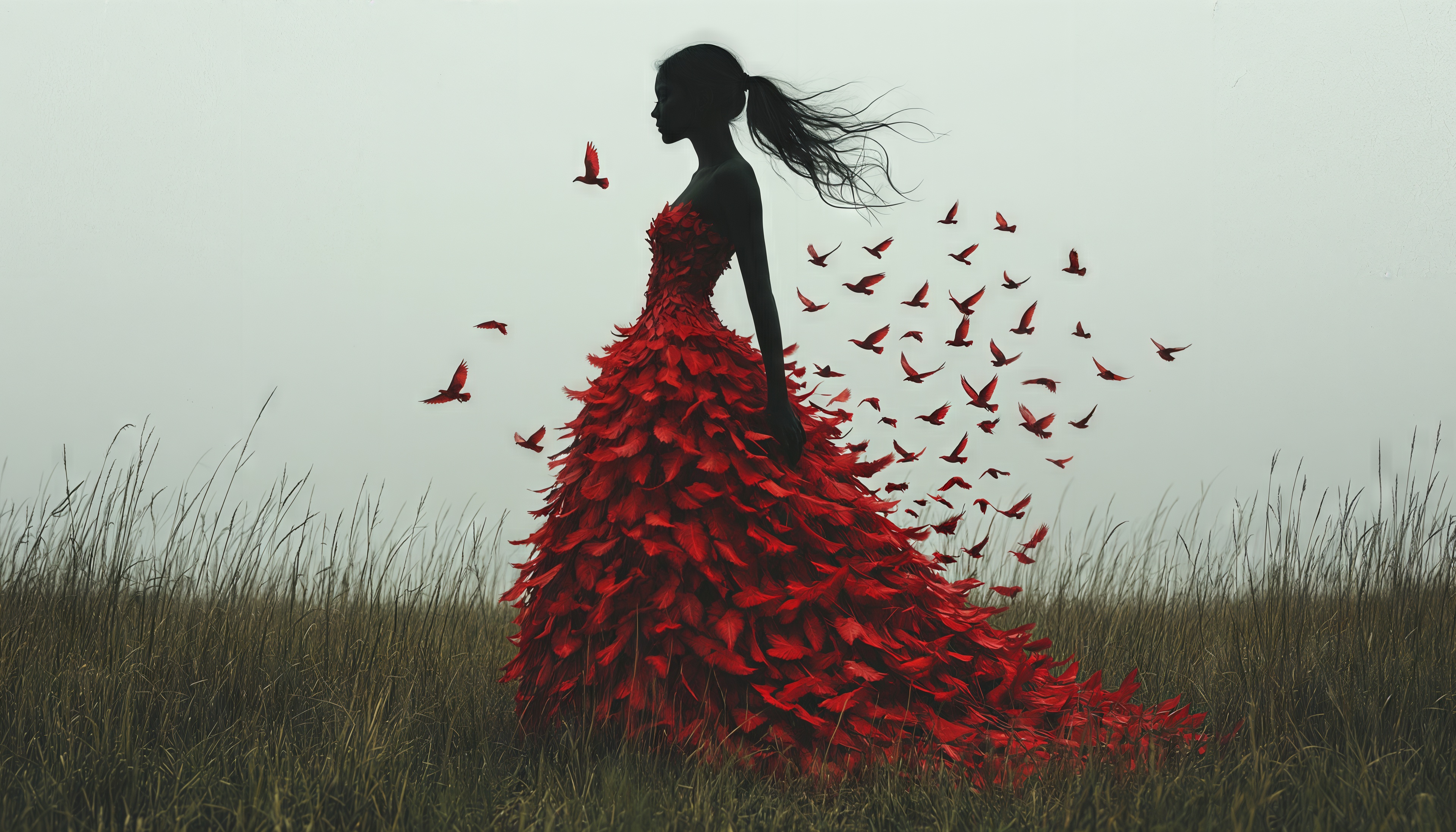 Девушка в платье-стайке алых птиц среди травы.