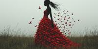 Девушка в платье-стайке алых птиц среди травы.
