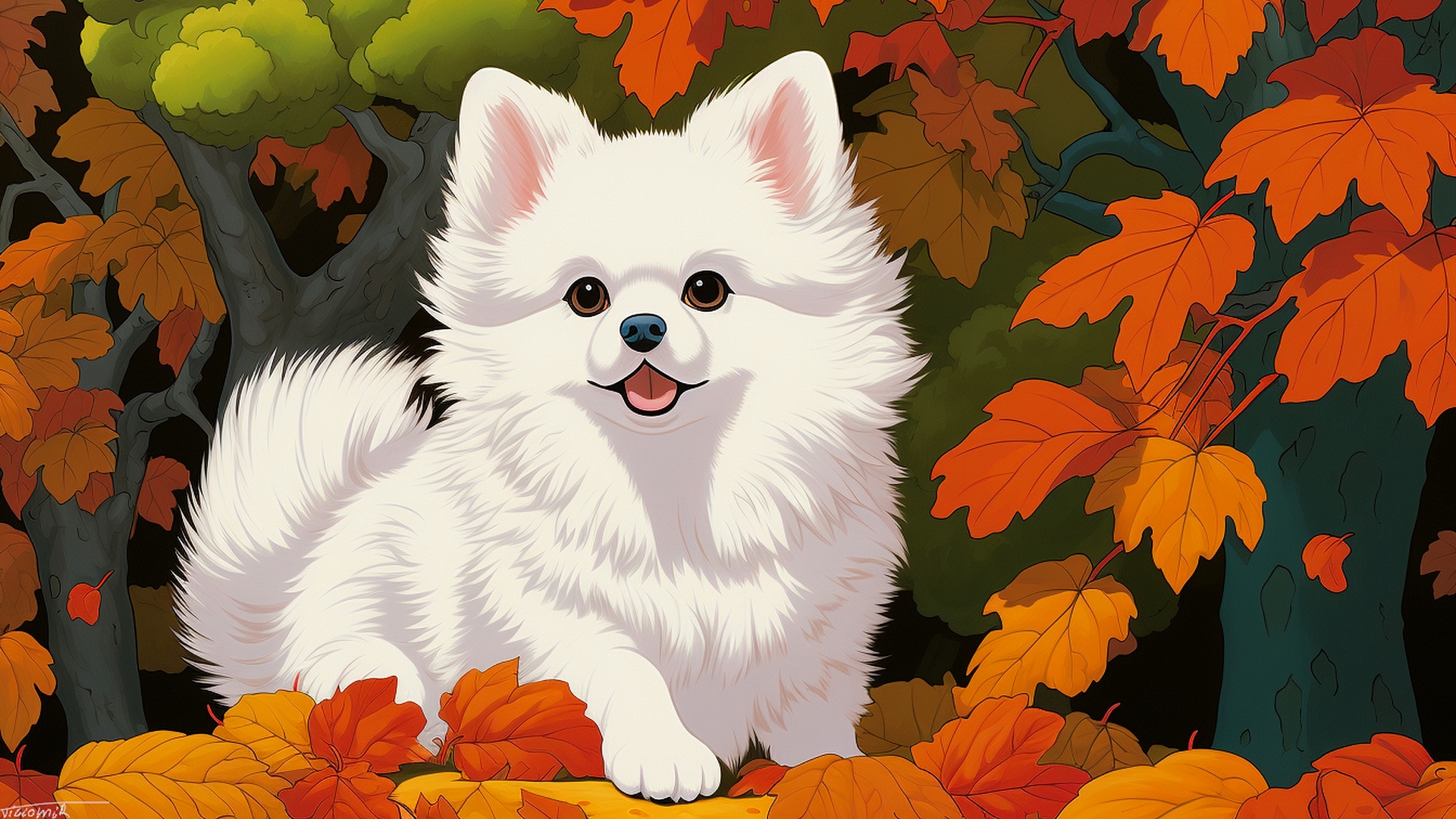 Drawing of a white dog in the fall