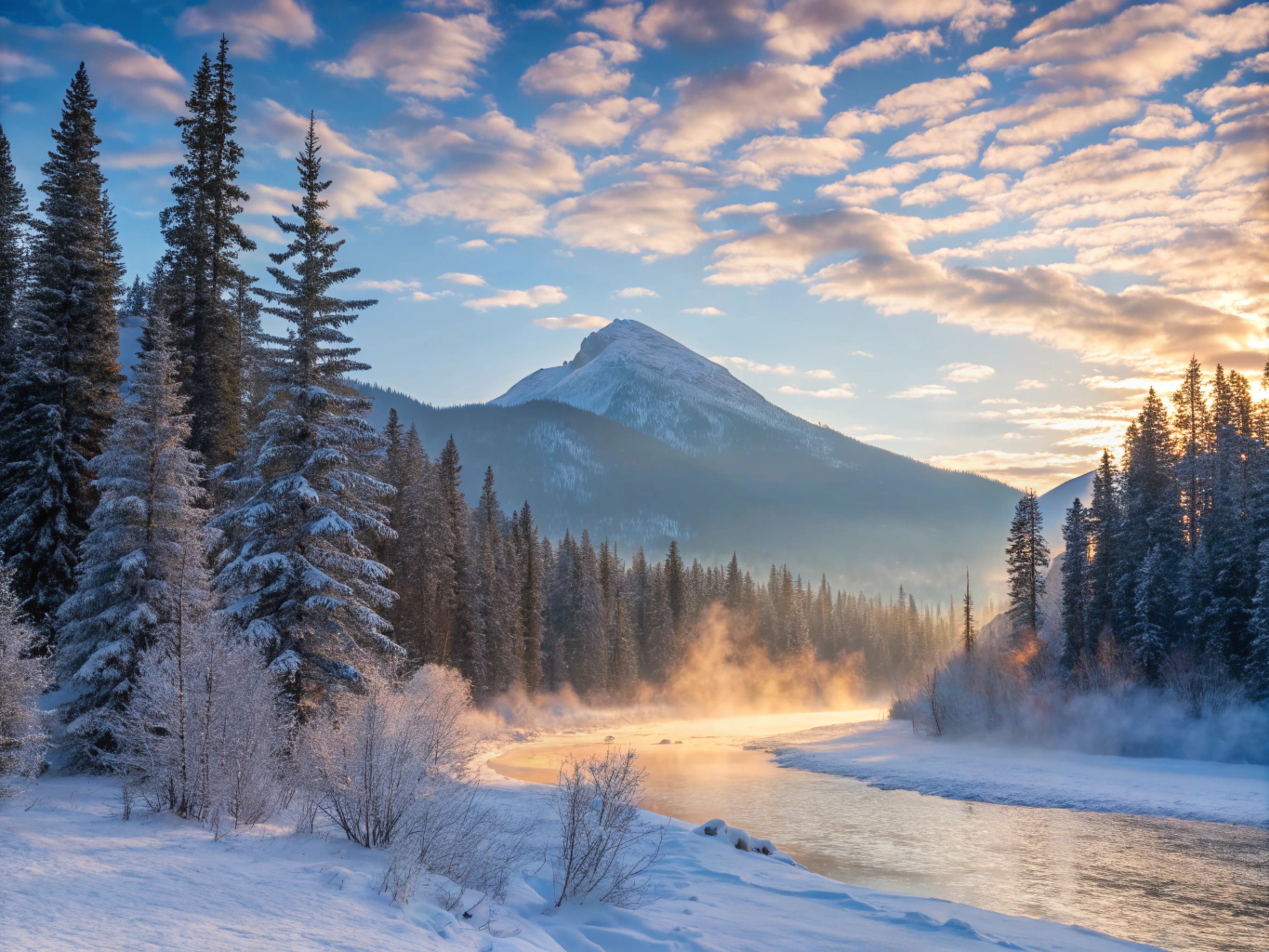 Бесплатное фото Раннее утрпор зимой над рекой в сильный мороз